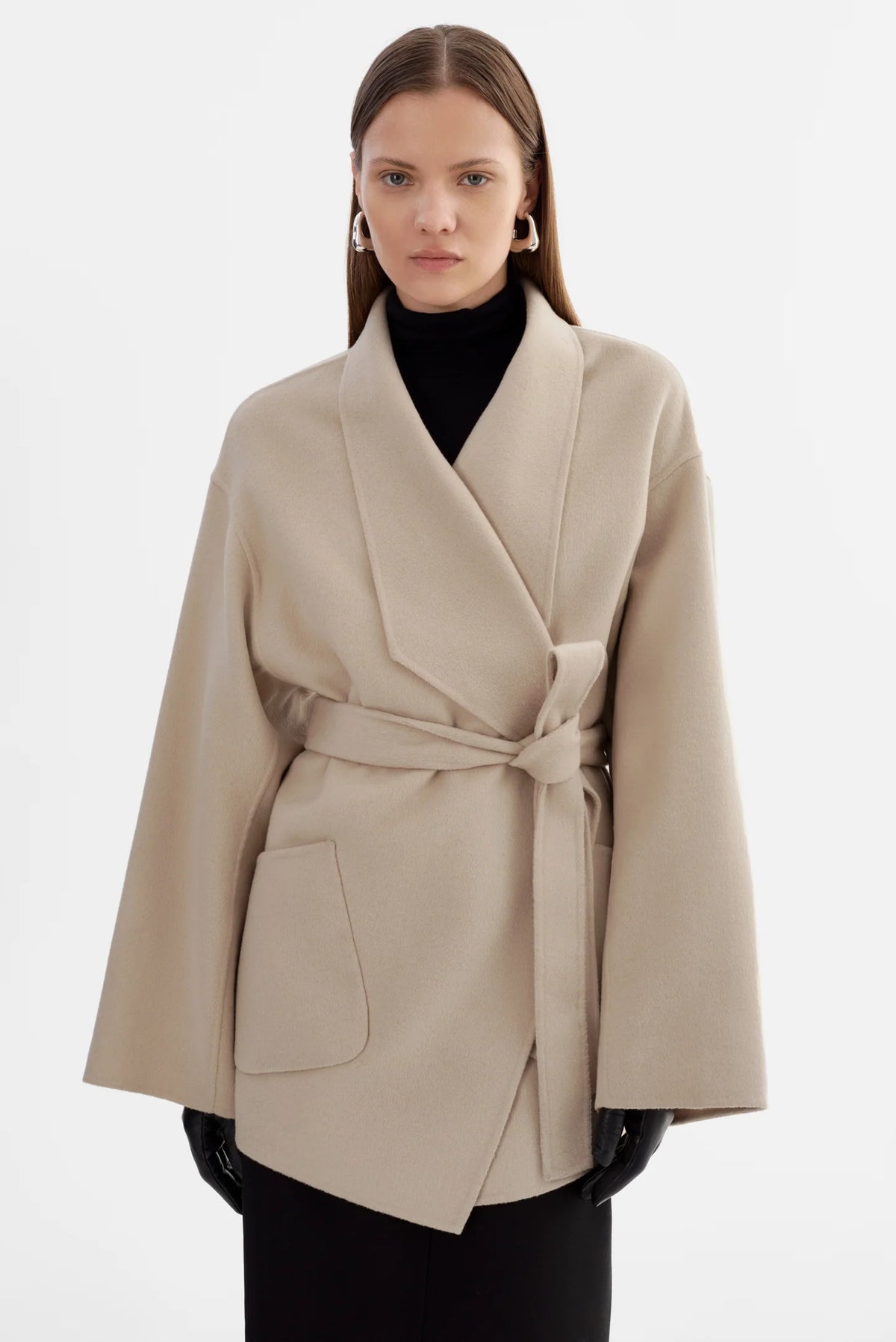 LAMARQUE Mekia long double-face wool wrap coat with self-tie belt and notch lapel.