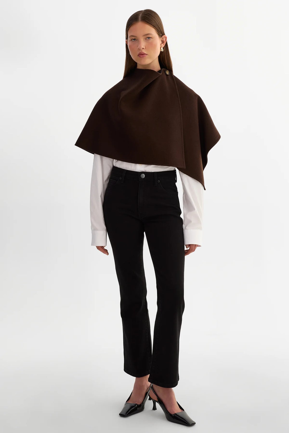 LAMARQUE Nezra reversible double-face wool cape with open front and subtle trim.
