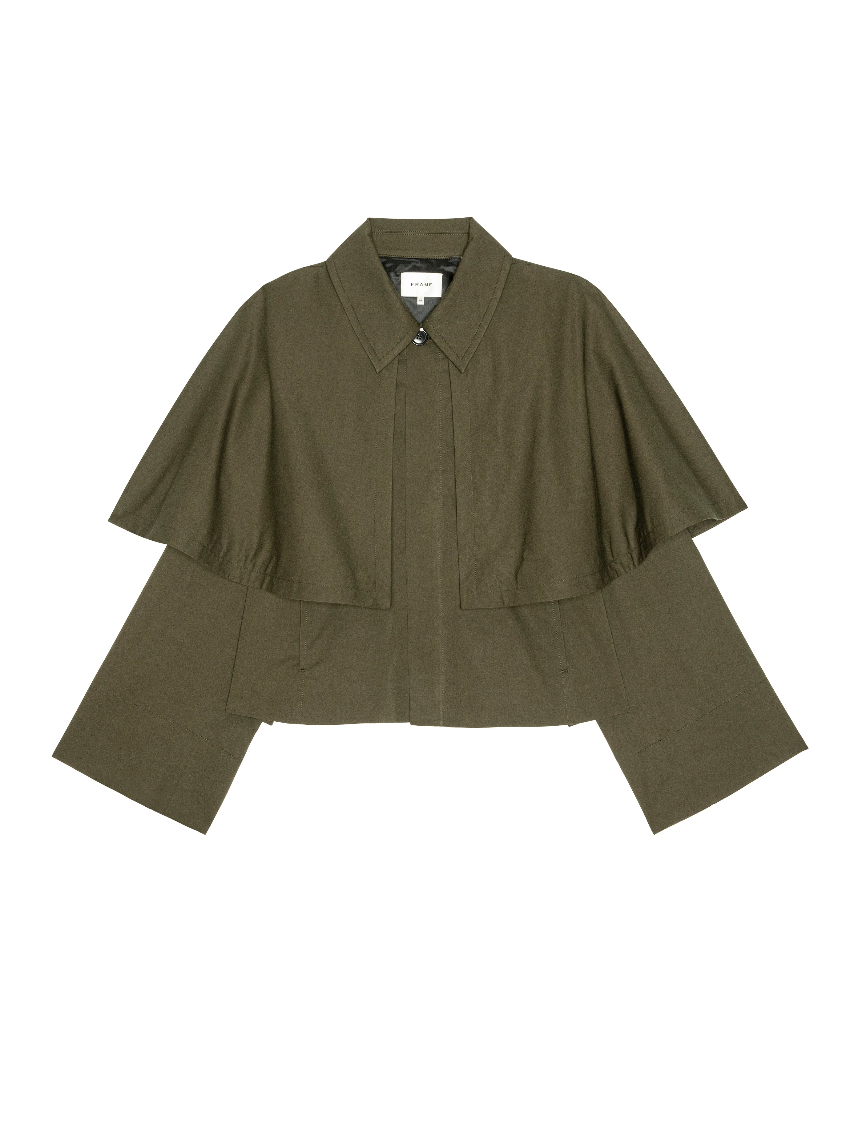 FRAME long sleeve cropped wool cape jacket for women in Military olive green with wide sleeves and a collar.
