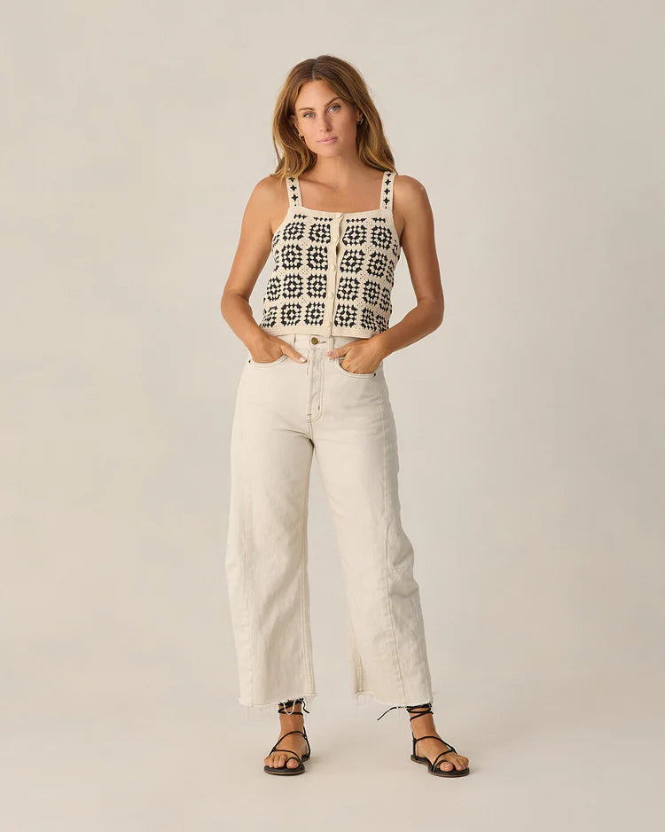 Rylee + Cru Women's open-stitch geometric crochet tank top in black and white Abstract cotton knit.