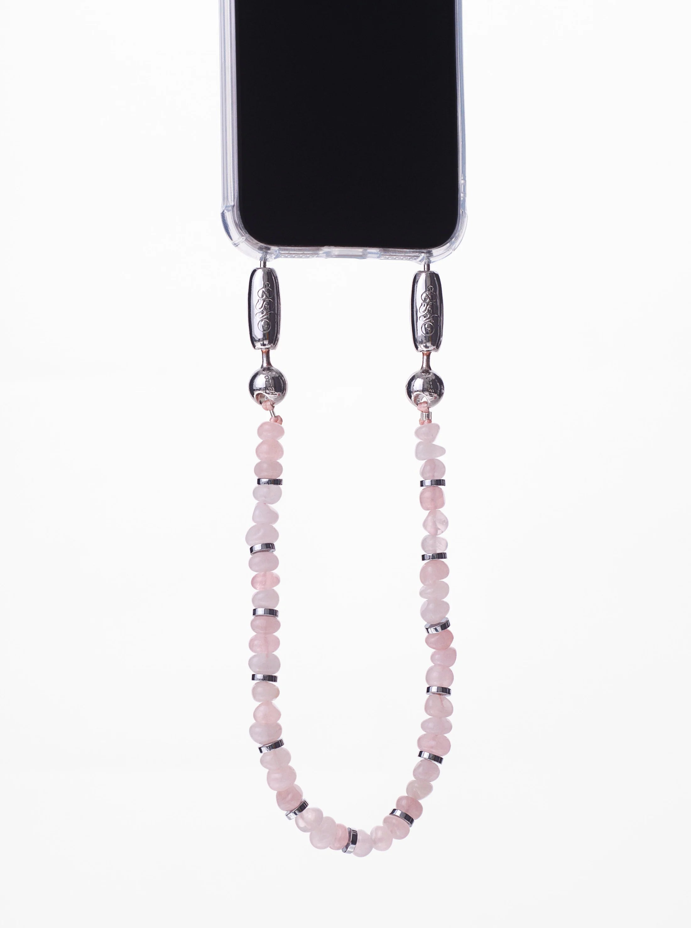 Ossa New York Linked Gemstone Wristlet phone strap featuring high-polished genuine gemstone chips and metallic hematite disks.