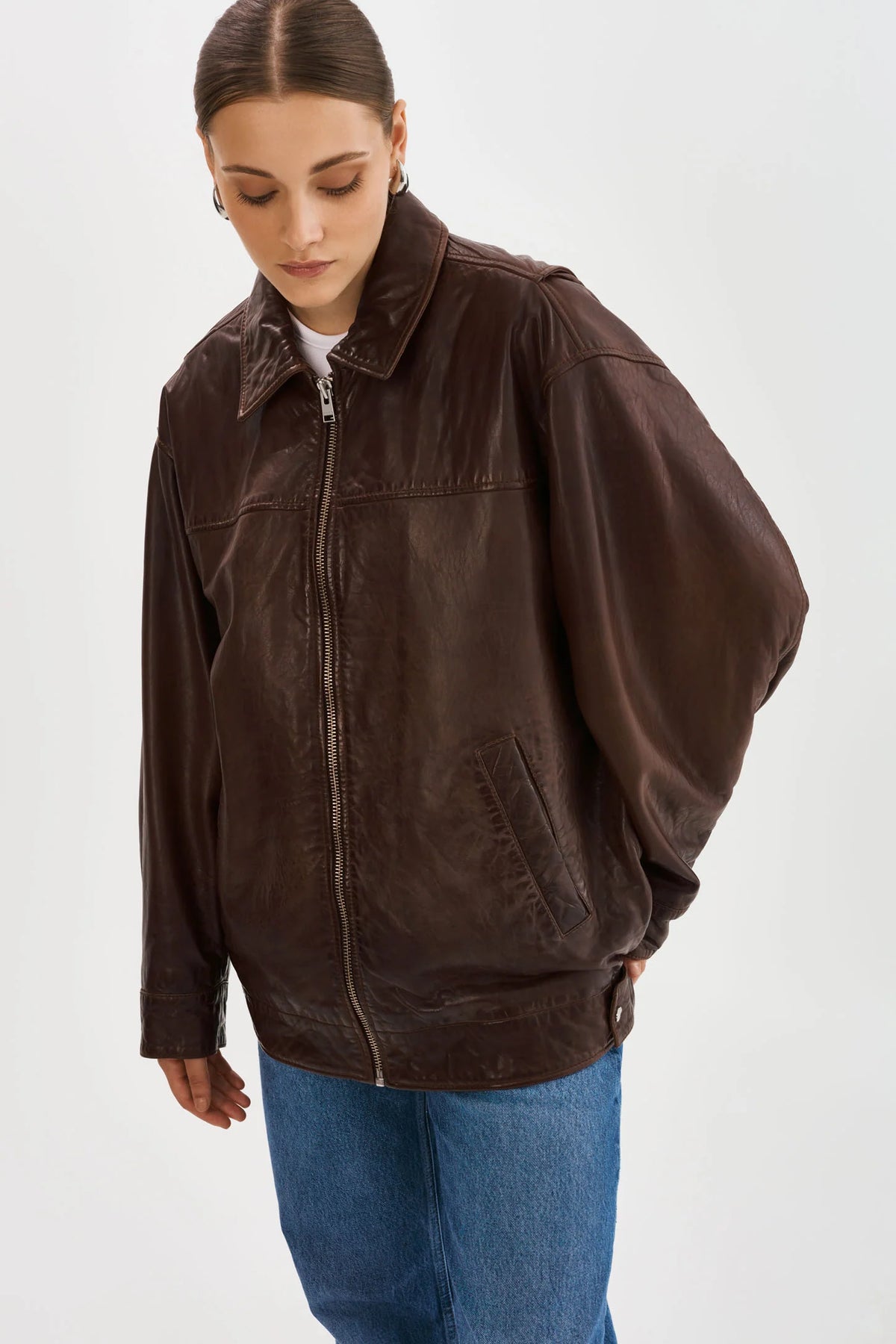 Theia Leather Bomber Jacket - Dark Brown