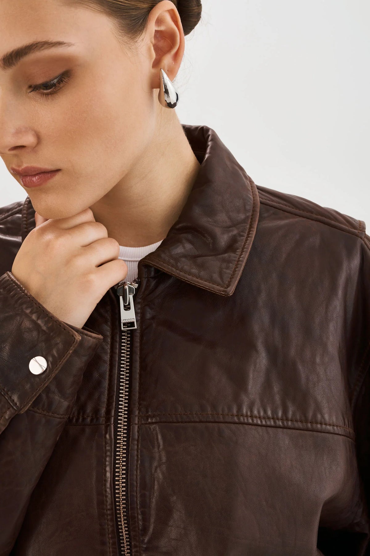 Theia Leather Bomber Jacket - Dark Brown