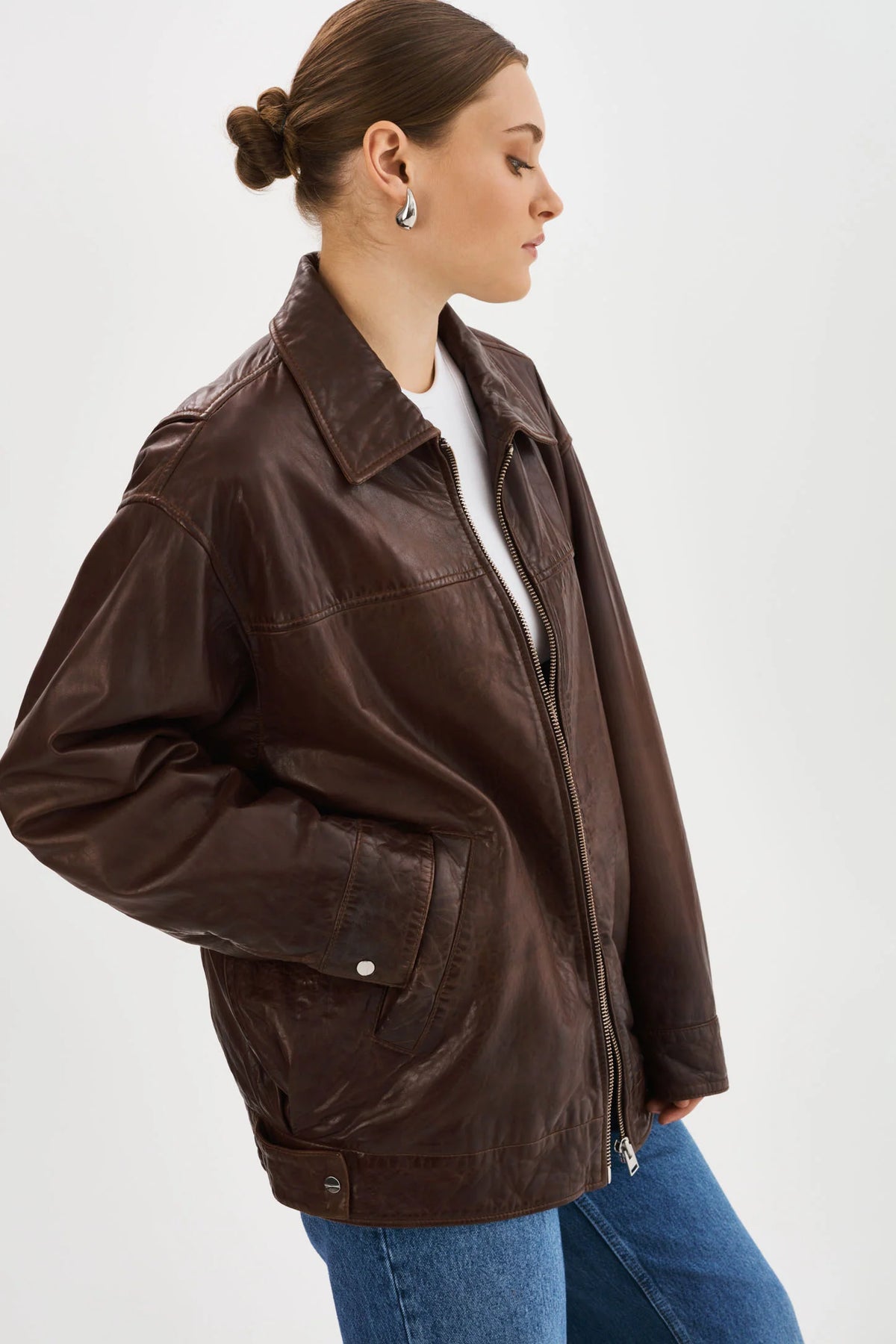 Theia Leather Bomber Jacket - Dark Brown