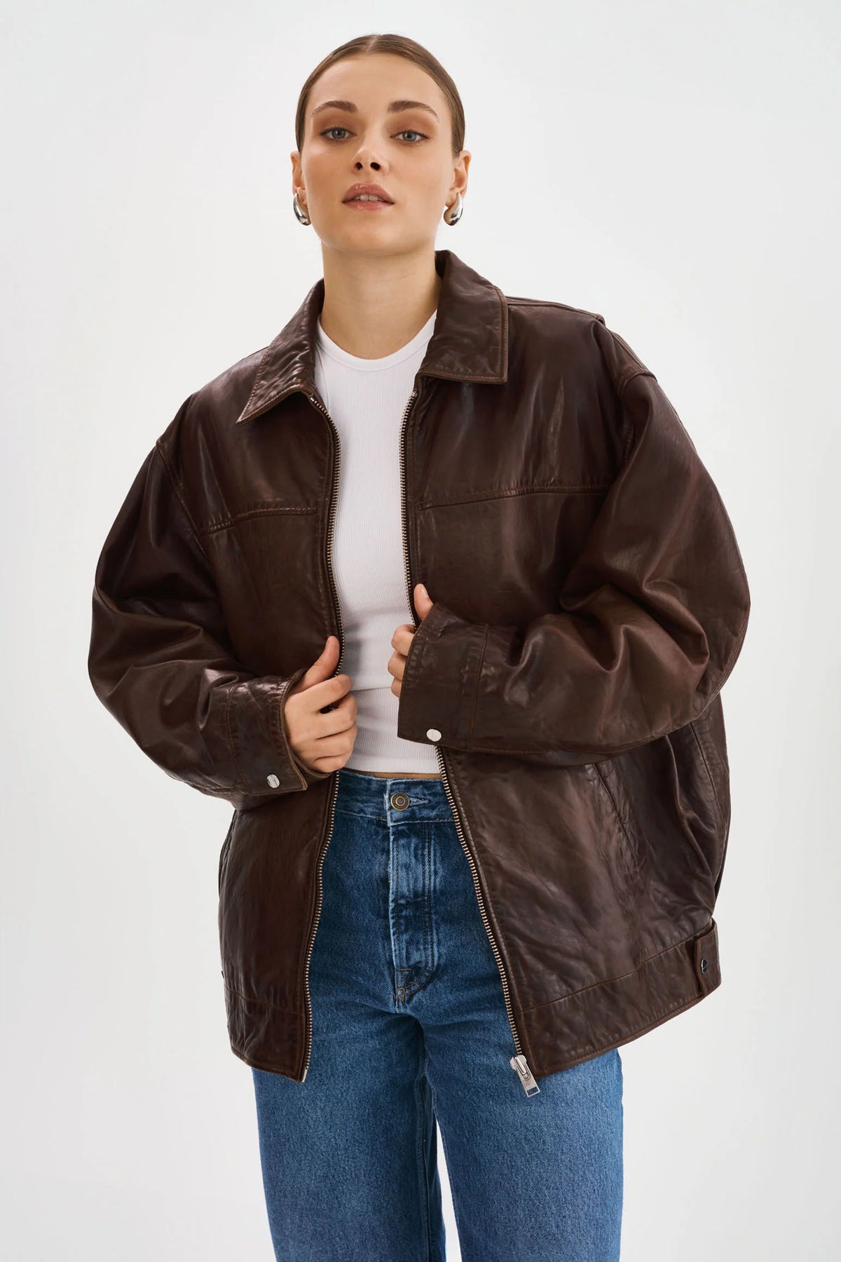Theia Leather Bomber Jacket - Dark Brown