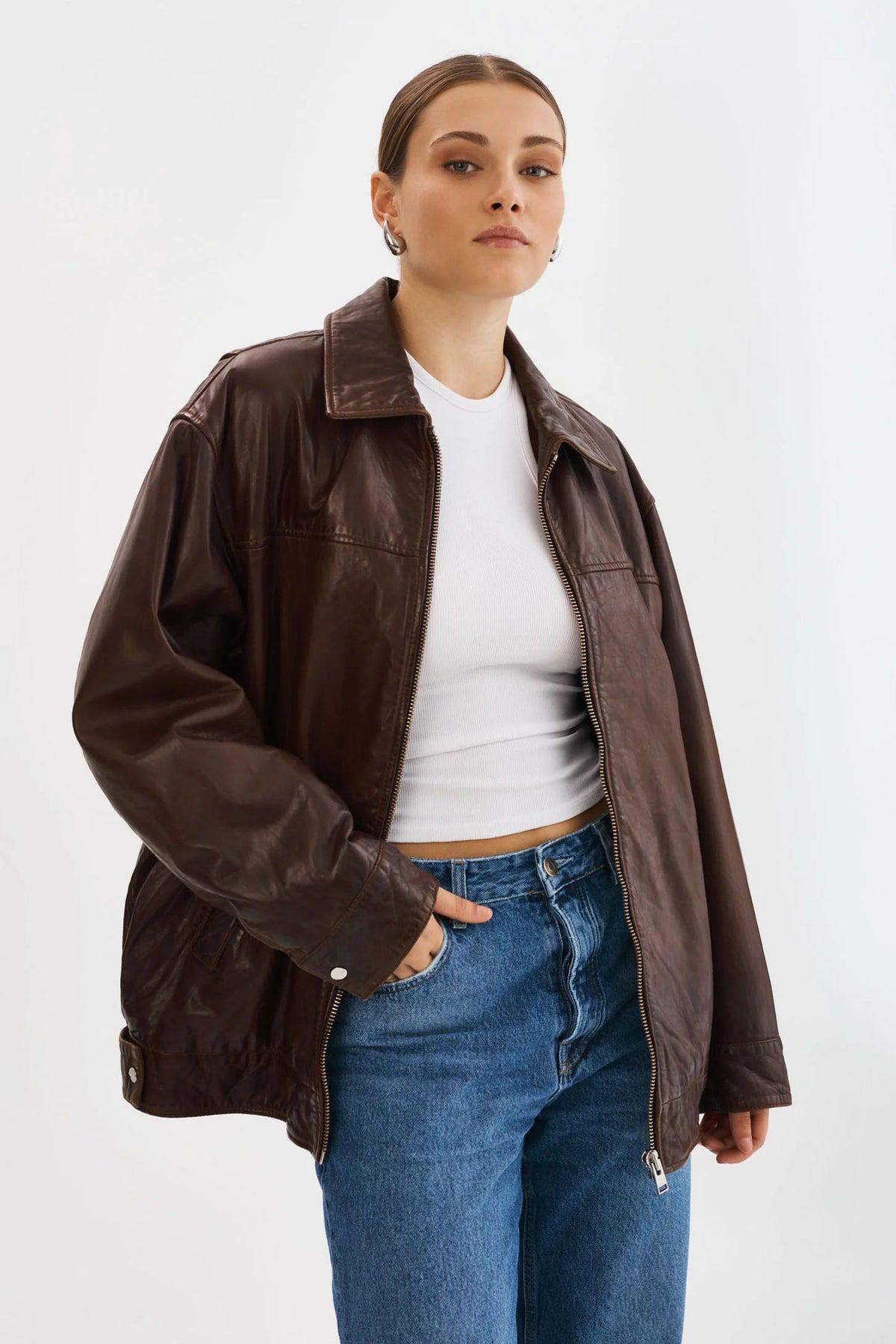 Theia Leather Bomber Jacket - Dark Brown