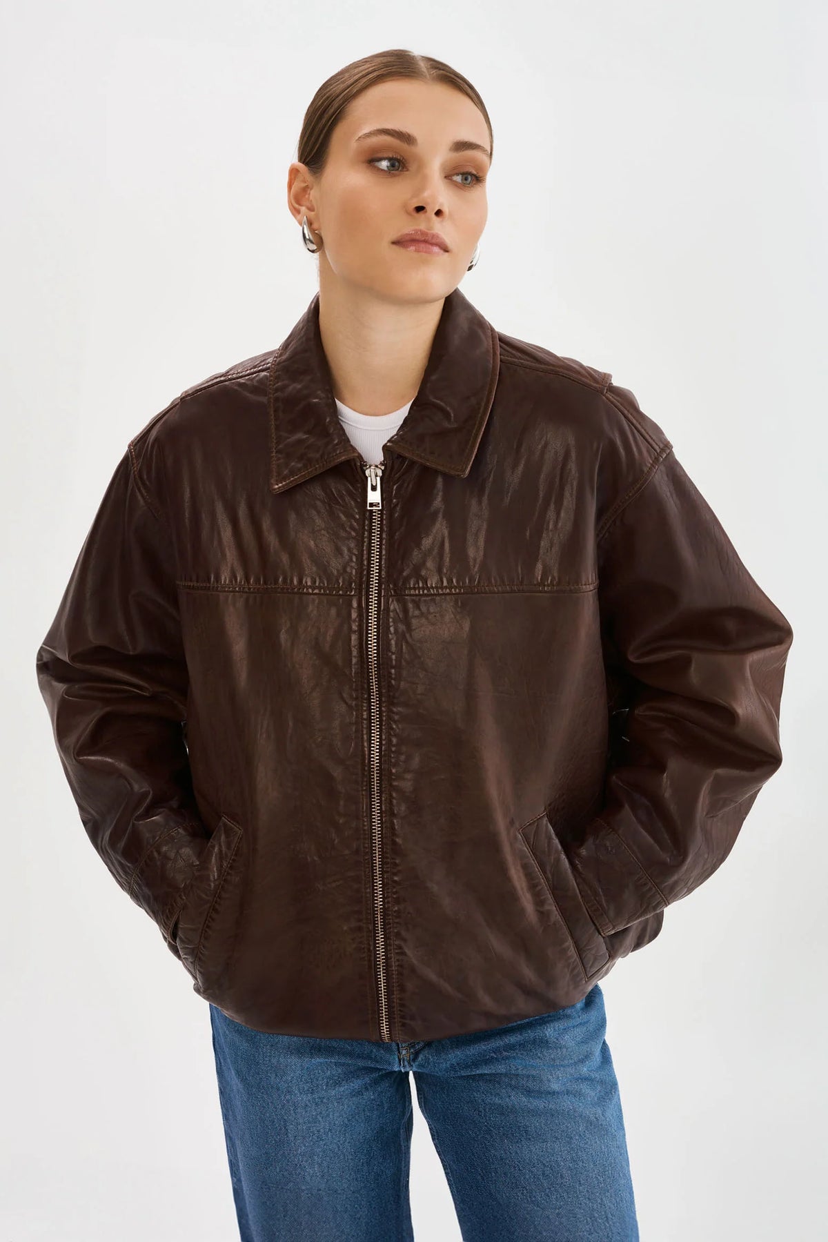 LAMARQUE Theia black soft lambskin leather oversized bomber jacket with pointed collar.