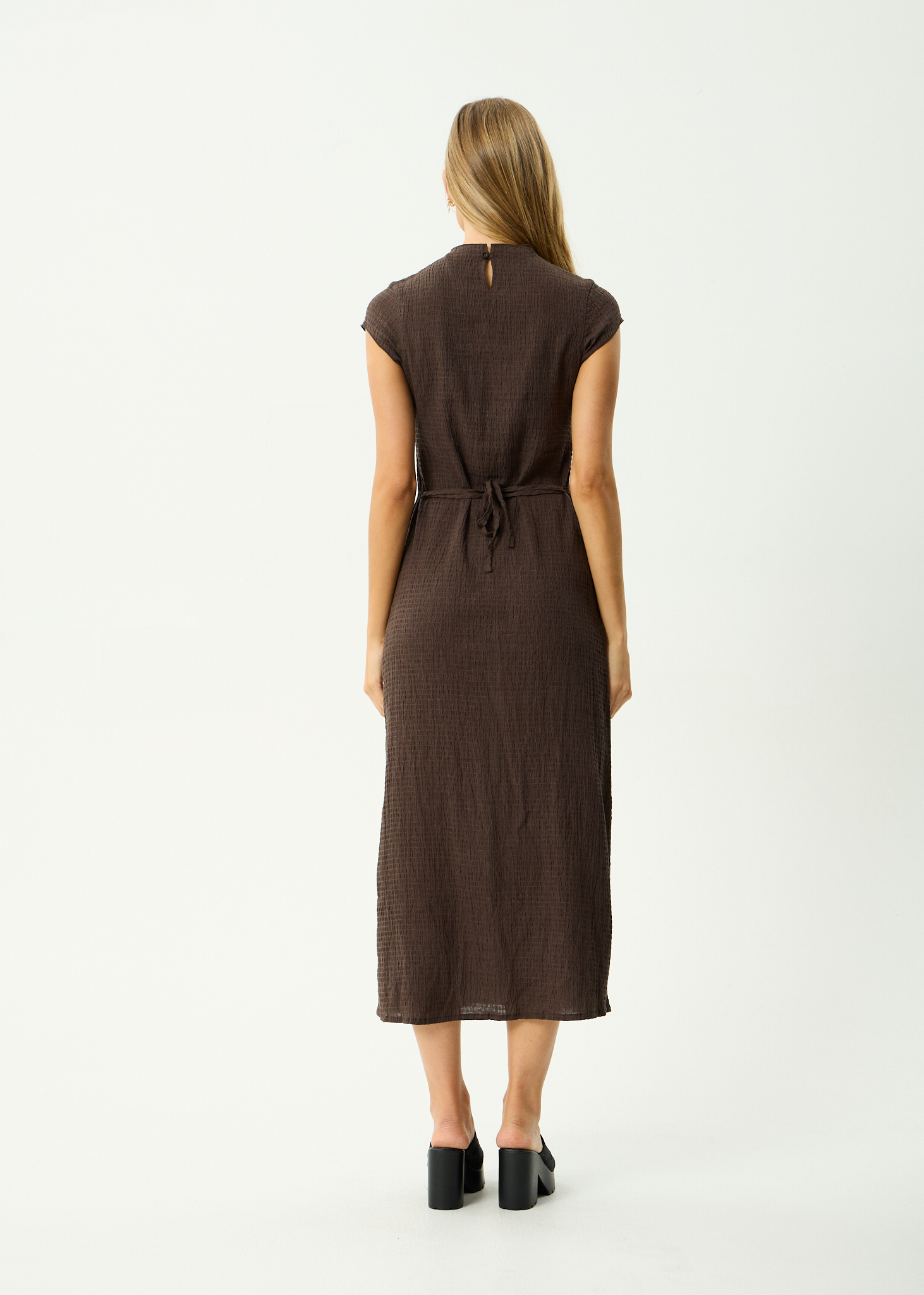 Elodie - Hemp Seersucker Midi Dress - Coffee, back view