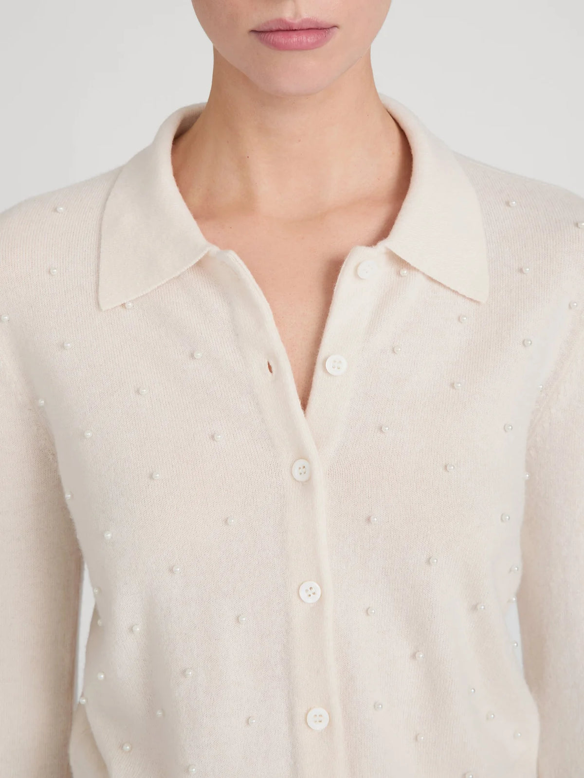 FRAME The Pearl Cardi cream wool cashmere pearl embellished cardigan sweater.