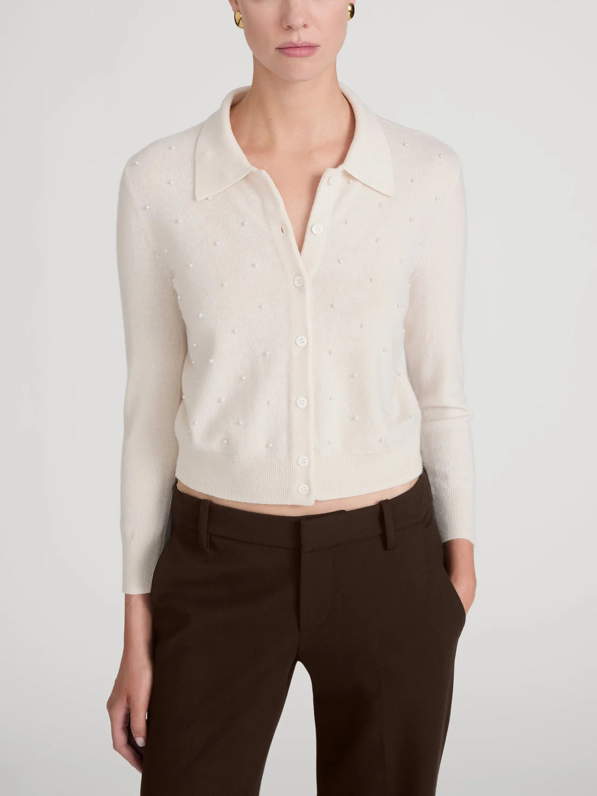 FRAME The Pearl Cardi cream wool cashmere pearl embellished cardigan sweater.