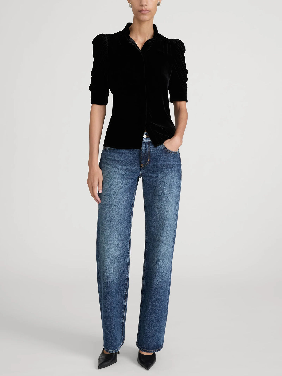 FRAME The Velvet Gillian black silk blend puff sleeve velvet blouse.