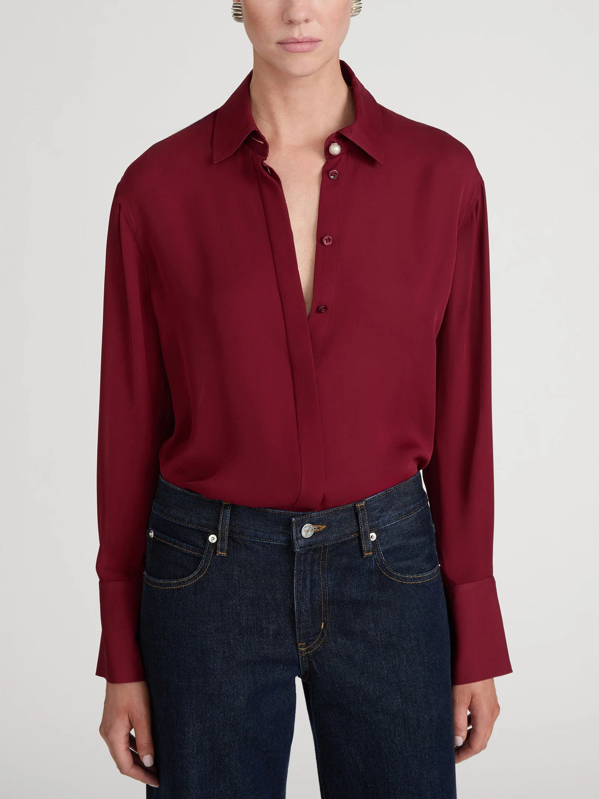 FRAME The Pearl Decor Standard dark grey button-down shirt with pearl embellishments.