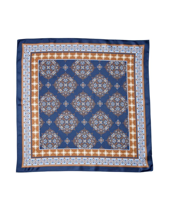 Palm Palm The Chelsea square silk scarf in blue and camel featuring ornate medallion prints and decorative border.