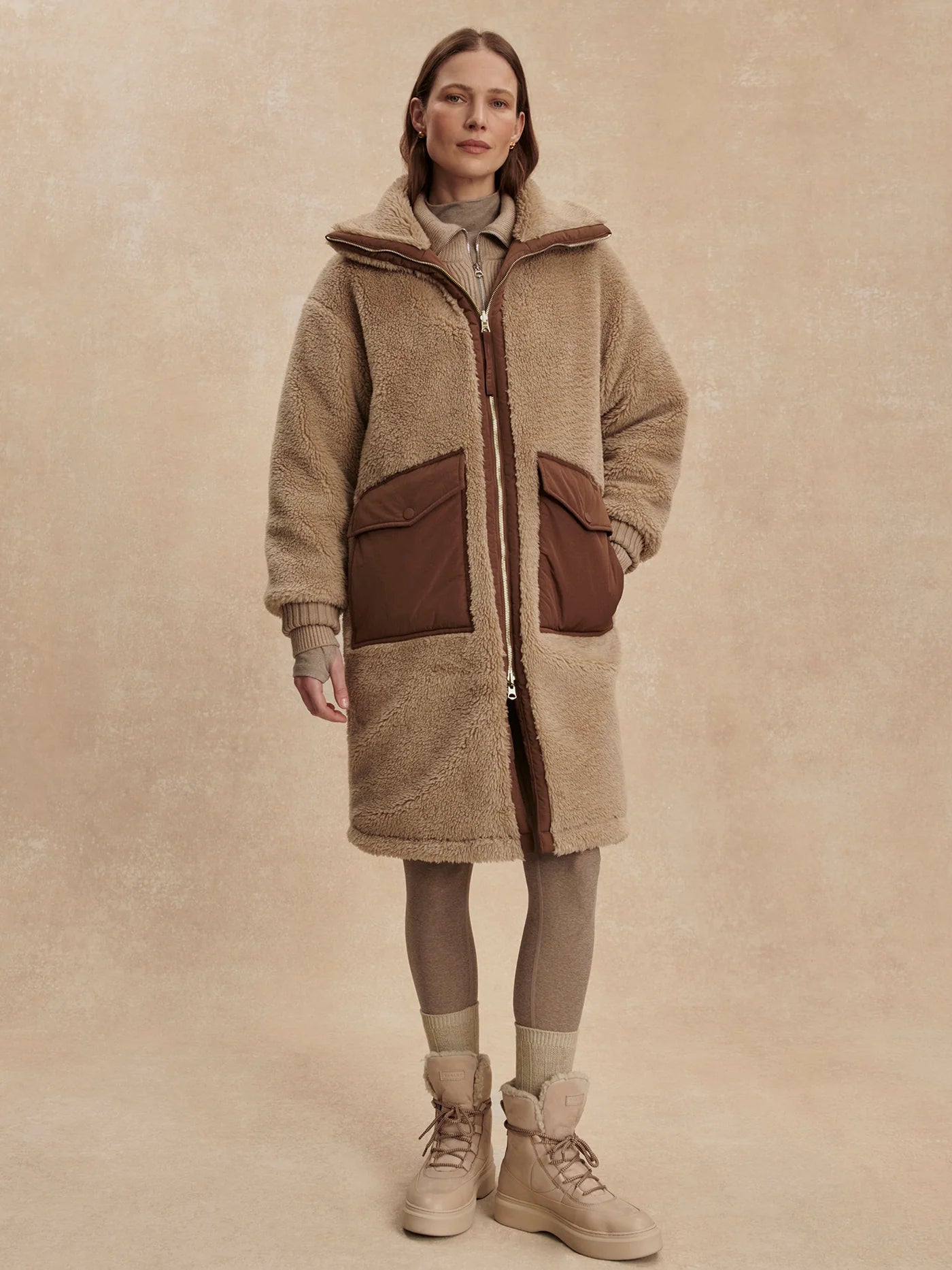 light taupe reversible long sherpa coat