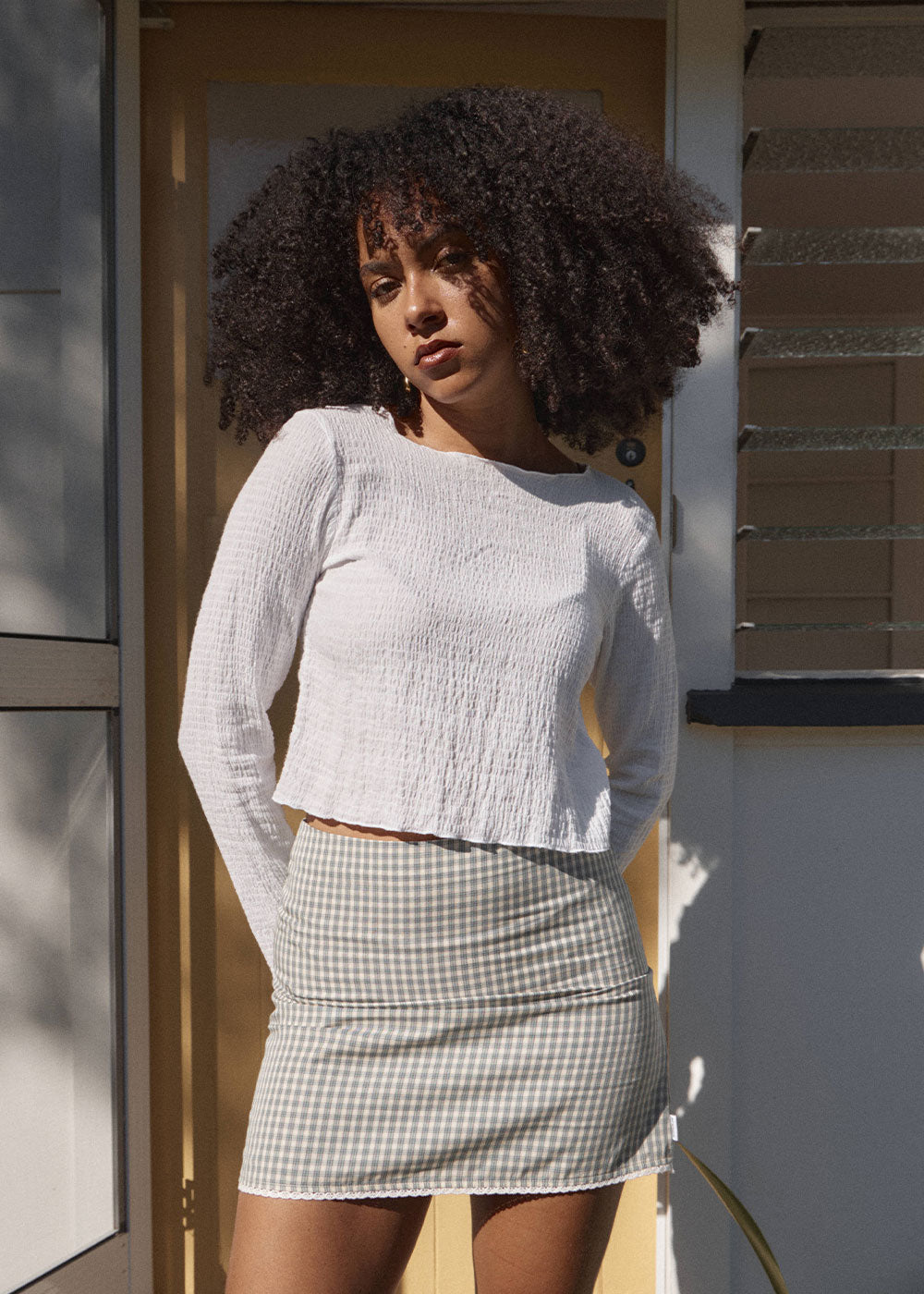 Focus - Hemp Seersucker Long Sleeve Top - Off White, front view