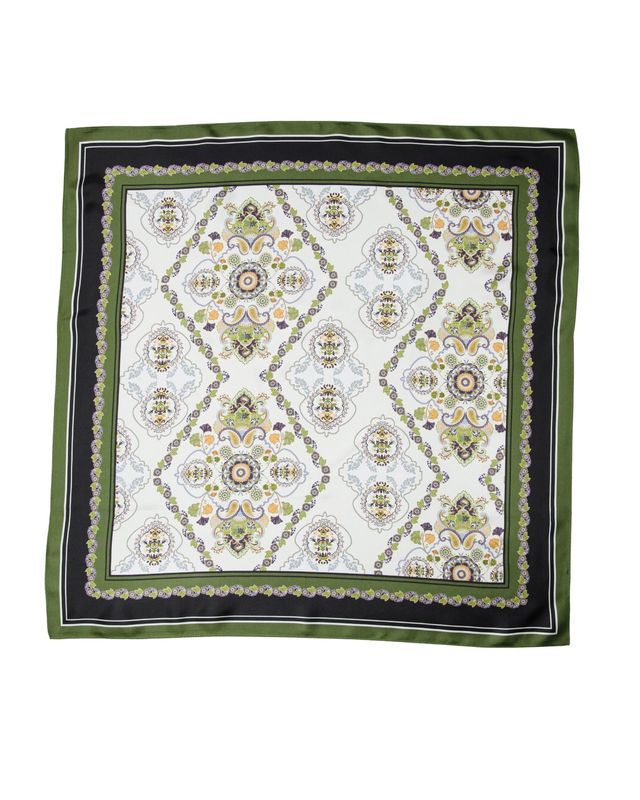 Palm Palm The Cora square silk scarf in ivory and olive green featuring intricate paisley medallions and black contrast border.