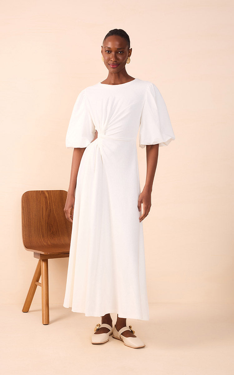 Puff Sleeve Midi Dress - White
