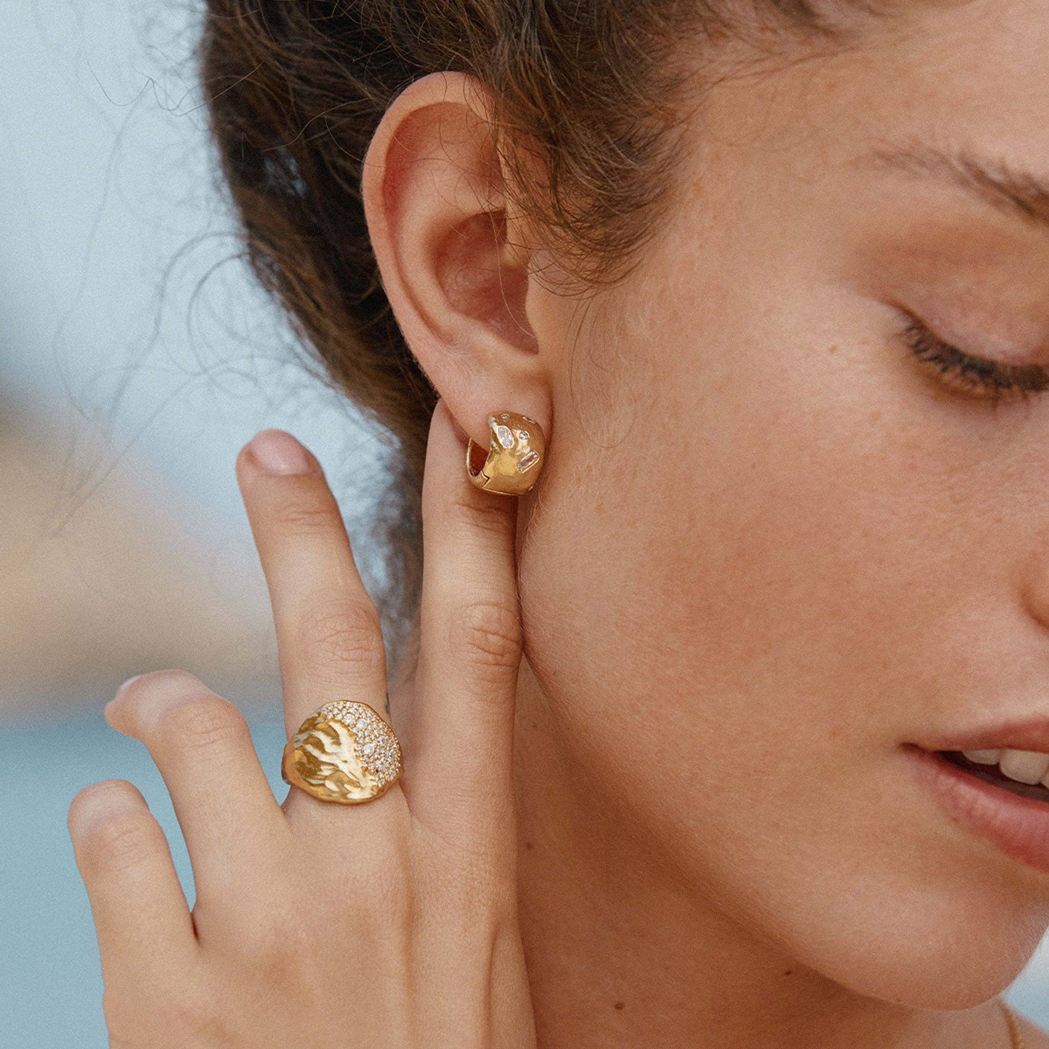 Agapée Lucci chunky hammered gold hoop earrings with white stones