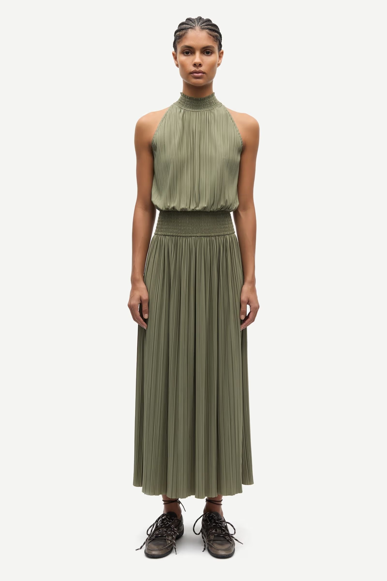 Samsøe Samsøe Uma halterneck maxi dress in Overland Trek olive with a smocked elastic waist.