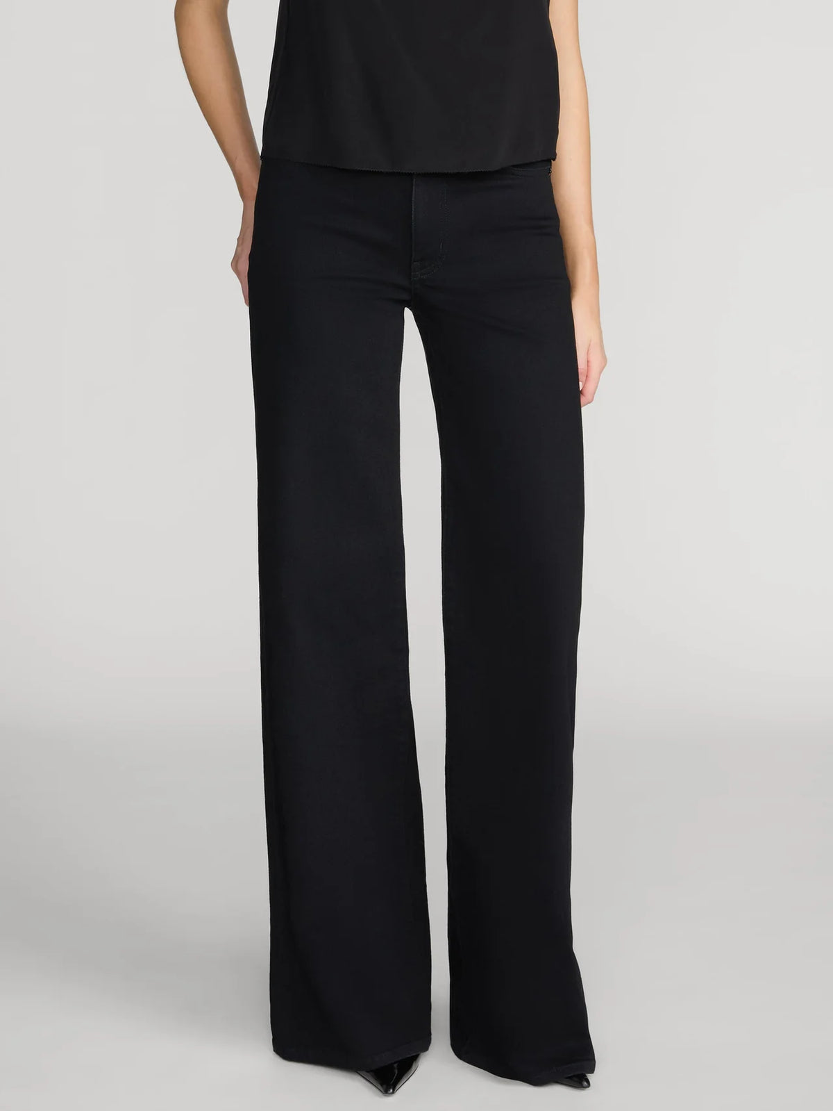FRAME The Palace black high-rise stretch denim wide-leg jeans.