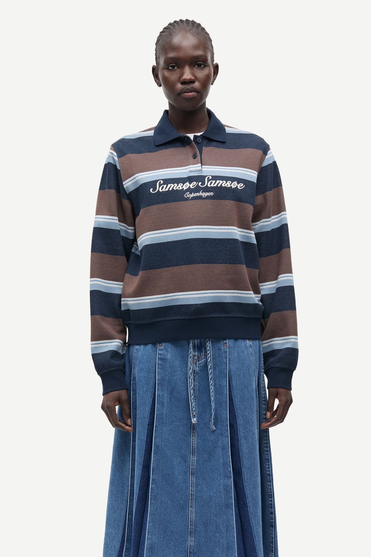 Samsøe Samsøe Sadory long sleeve organic cotton polo shirt in brown and blue yarn-dyed stripes.