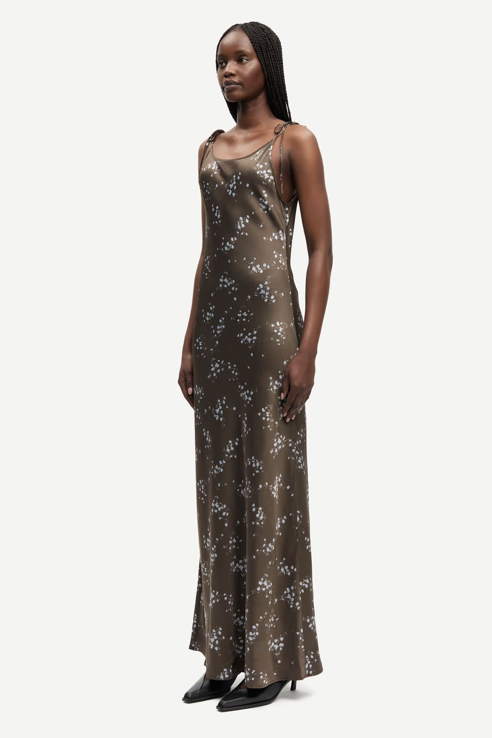 Samsøe Samsøe Sasinga satin maxi slip dress in blooming brown floral with thin tie straps.