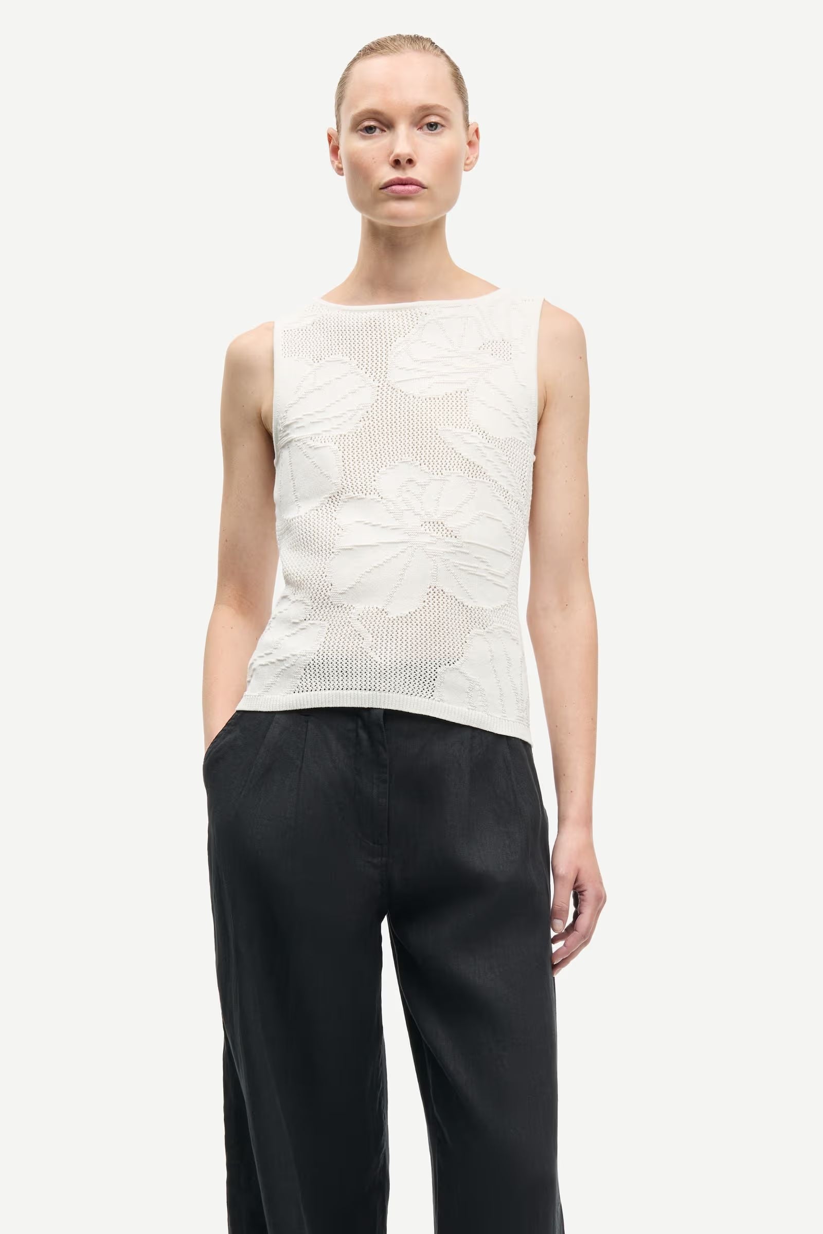 Samsøe Samsøe Samio sleeveless jacquard-knit floral top in Clear Cream 100% organic cotton.