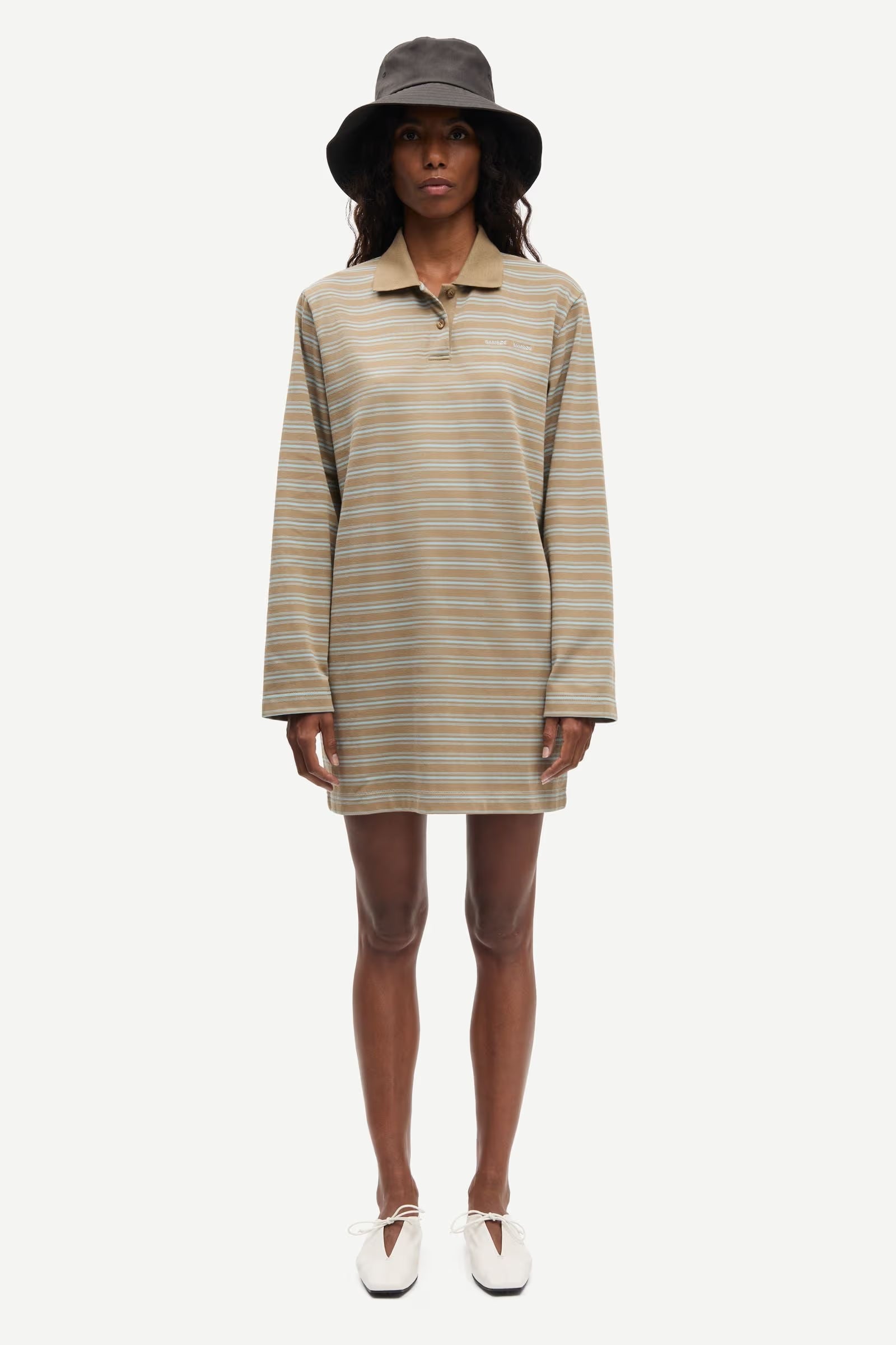 Samsøe Samsøe Sadover long-sleeved polo mini dress in Lead St. grey 100% organic cotton jersey.