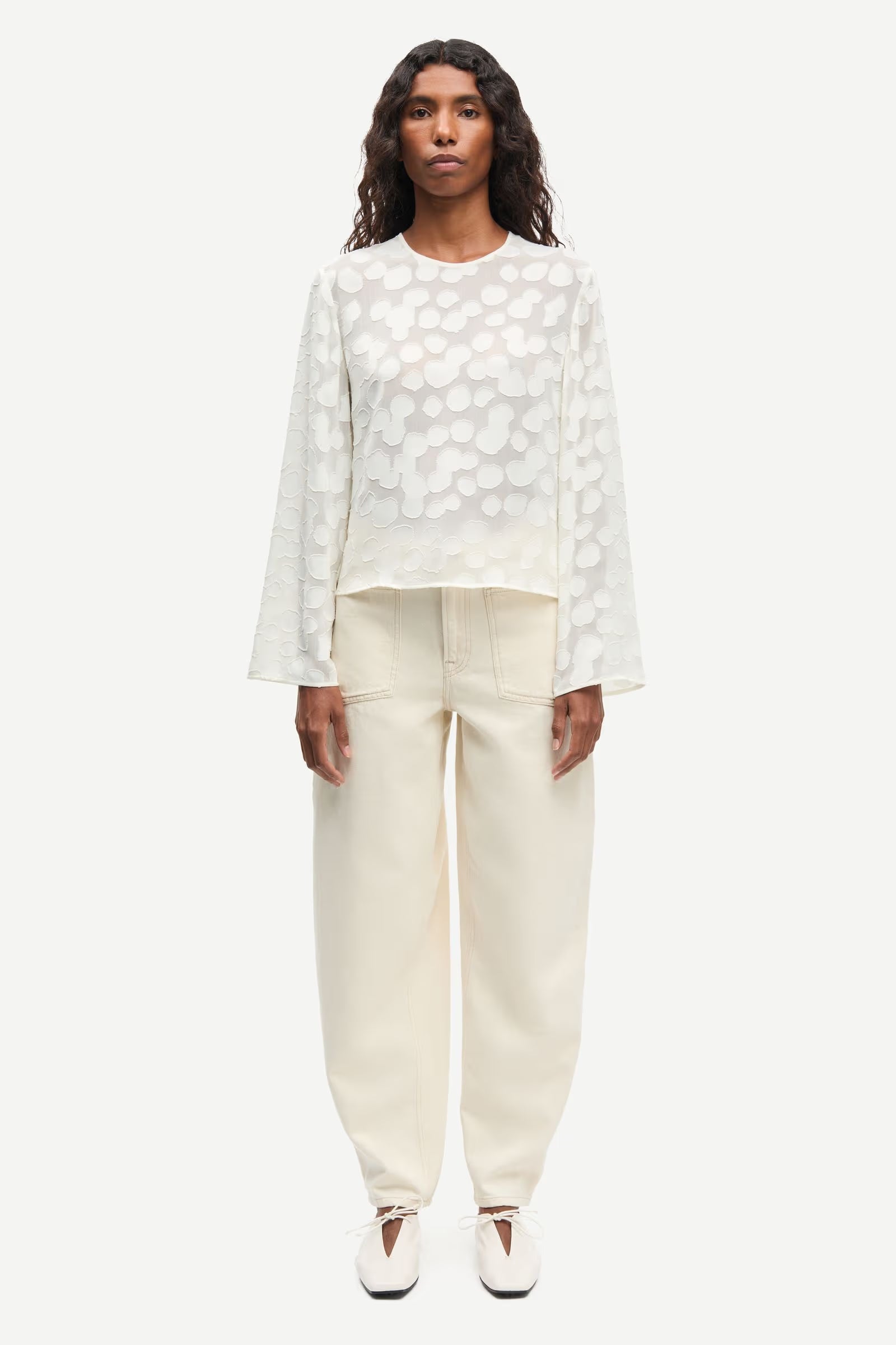Samsøe Samsøe Samadda long-sleeved sheer woven top in Egret cream with textured dot pattern.