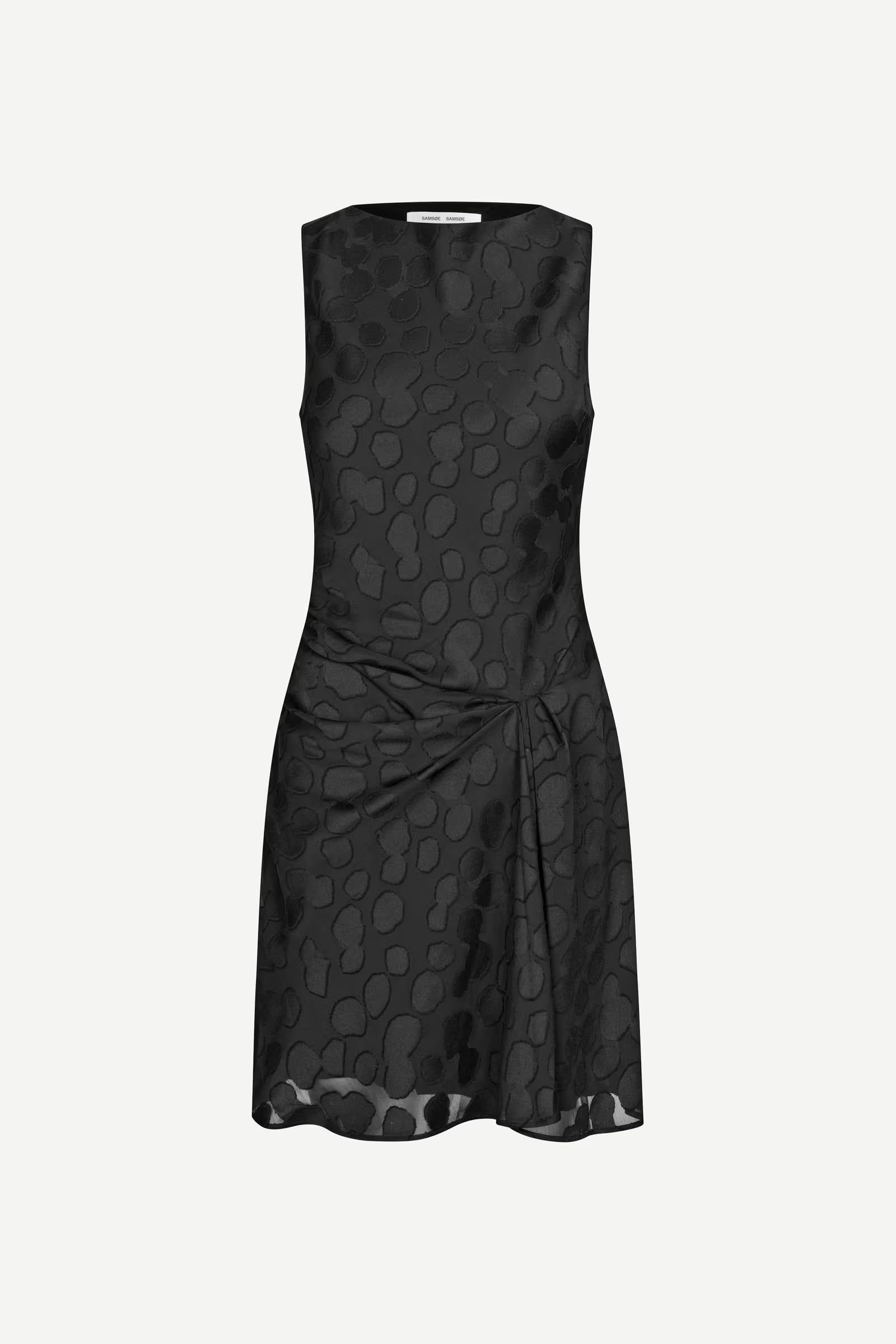 Samsøe Samsøe Satina black satin-jacquard mini dress with draped front and gathered side detail.