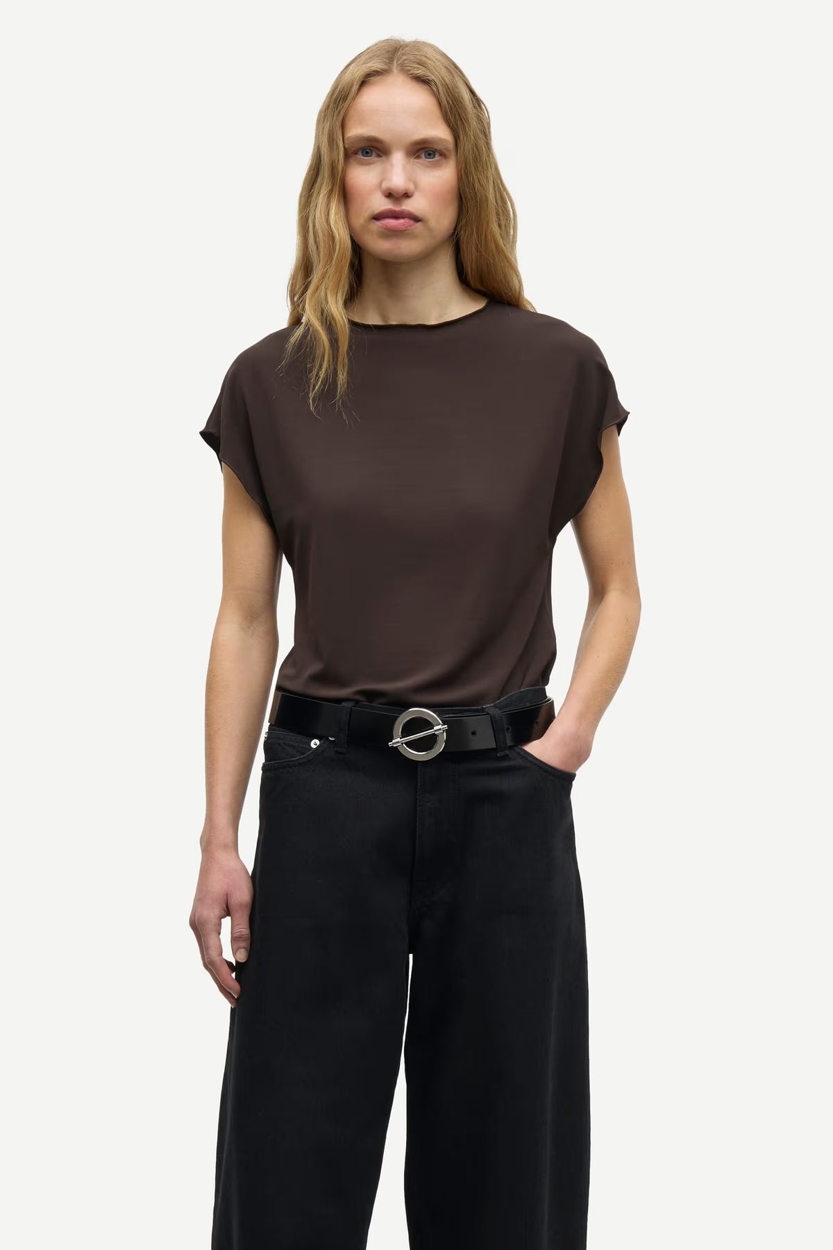 Samsøe Samsøe Saumi long-sleeve ribbed jersey top in mulch brown with high crew neck.