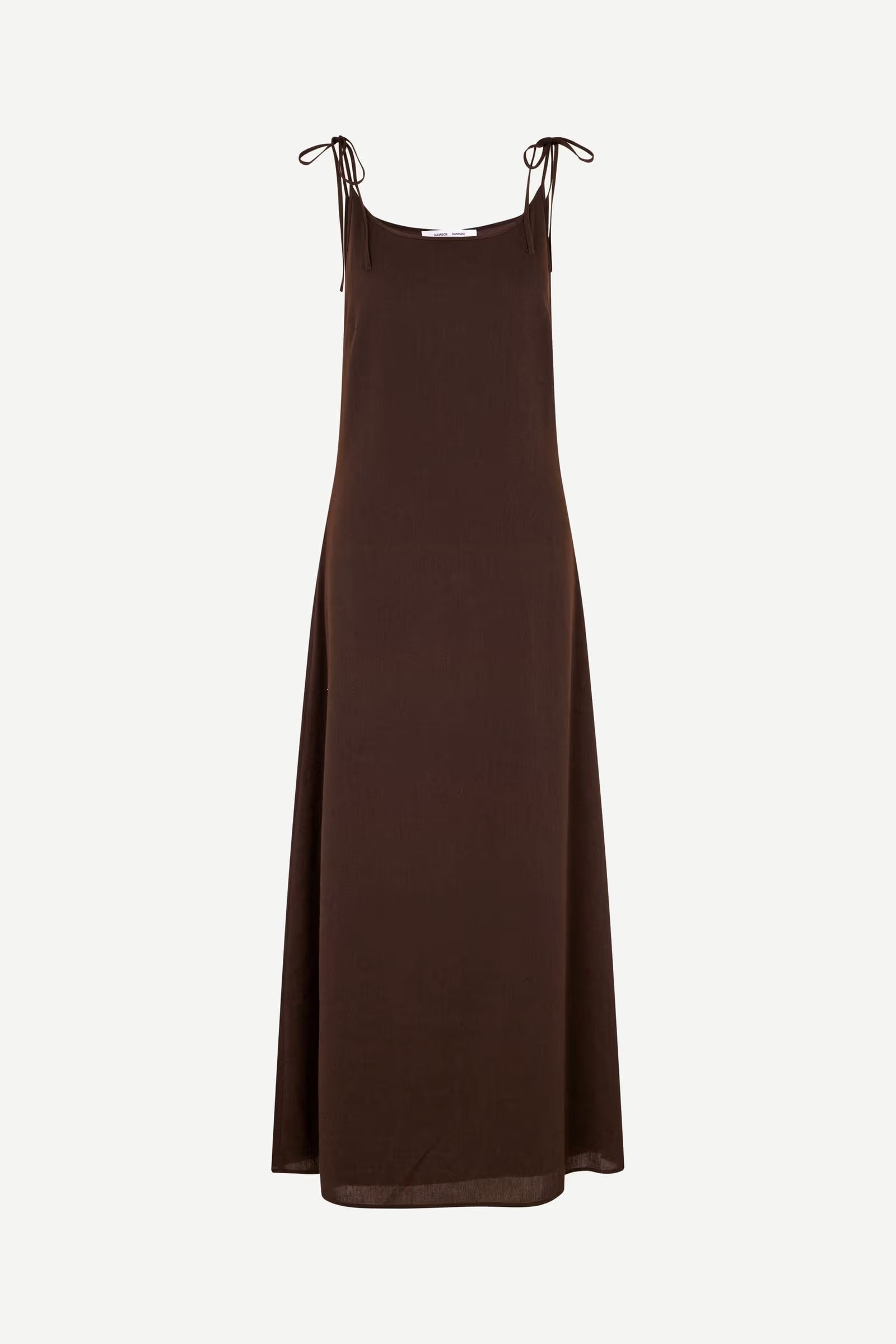 Samsøe Samsøe Sasinga sleeveless maxi dress in Mulch brown linen blend with tie straps and A-line skirt.