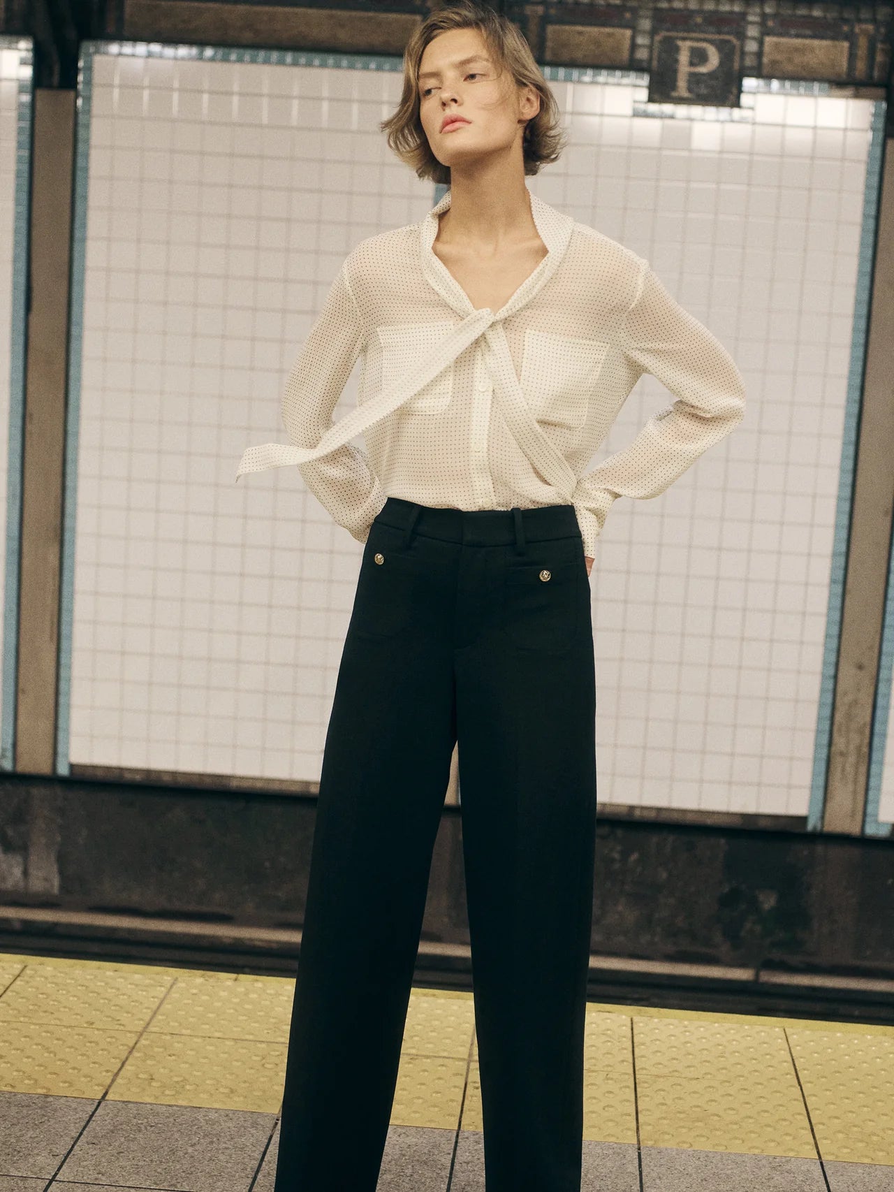 Polka Dot Modern Tie Blouse - Cream