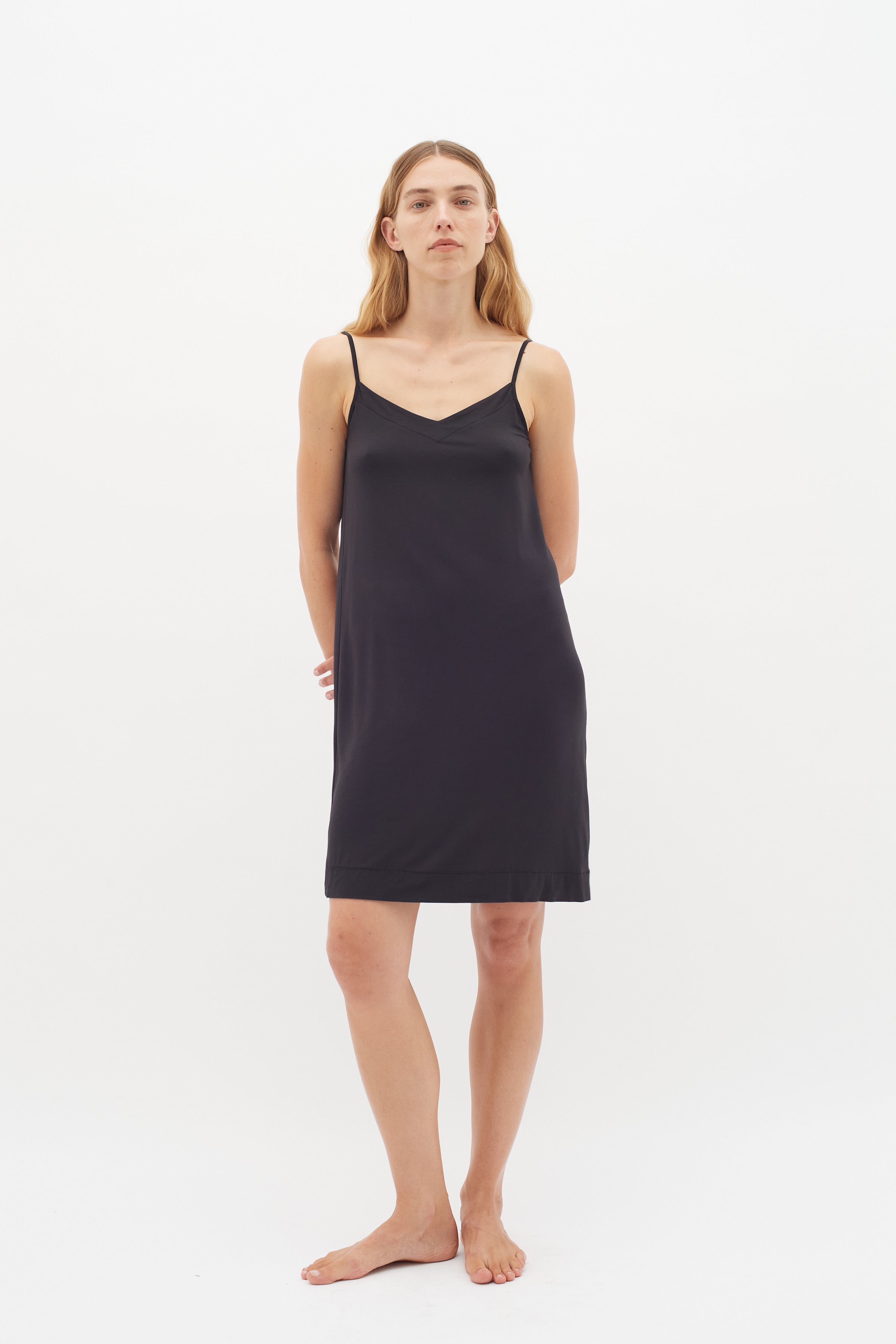 black v-neck slip dress 