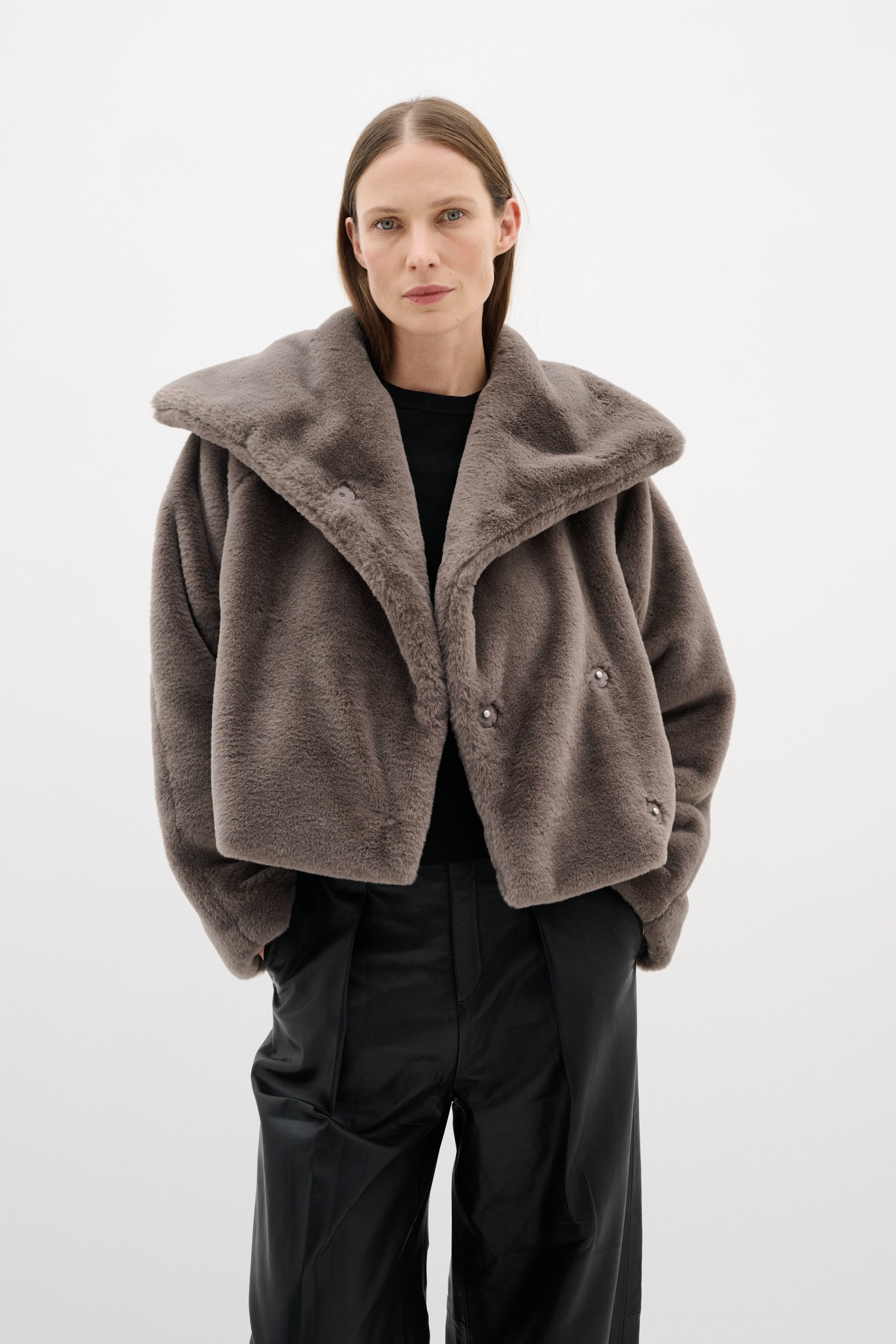 cropped fuzzy brown coat 