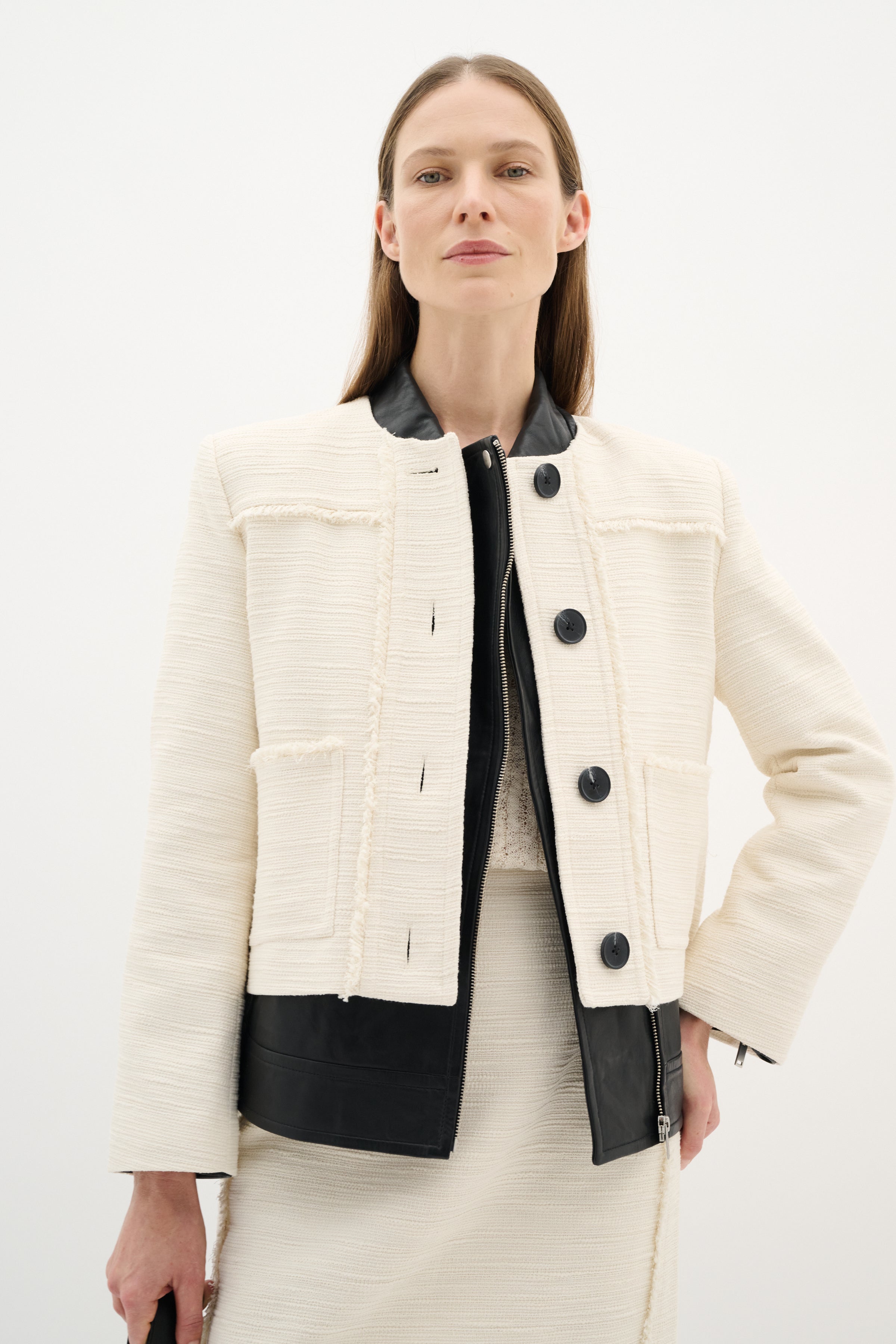 87% cotton cropped cream button up coat