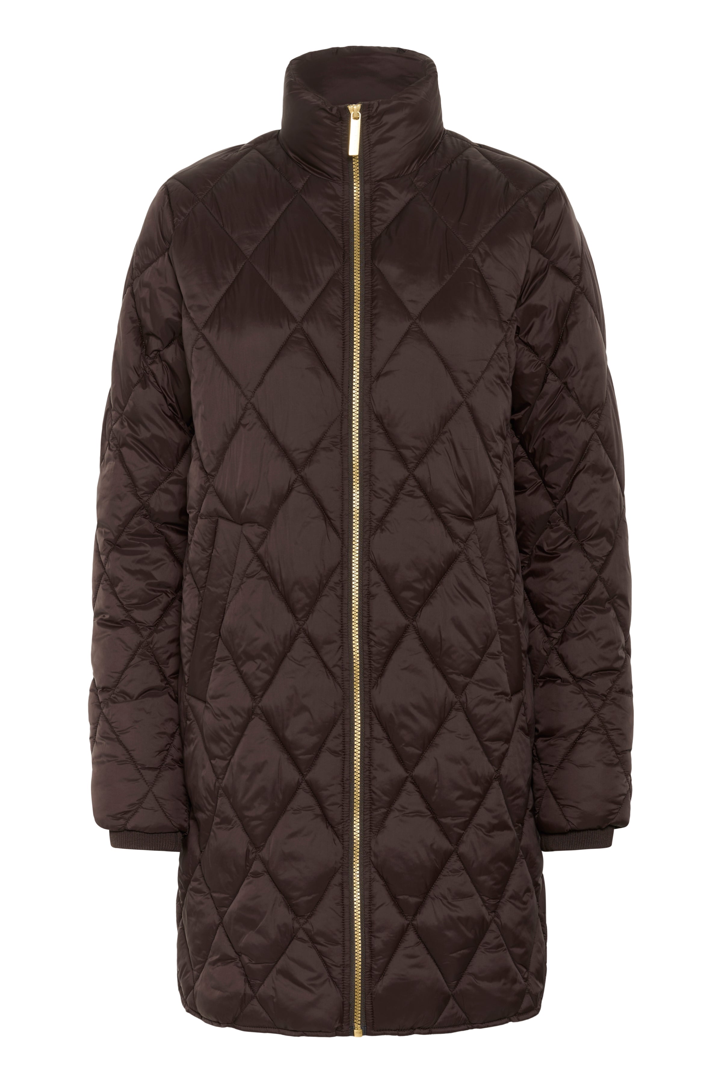 long dark brown coat with gold zipper detail