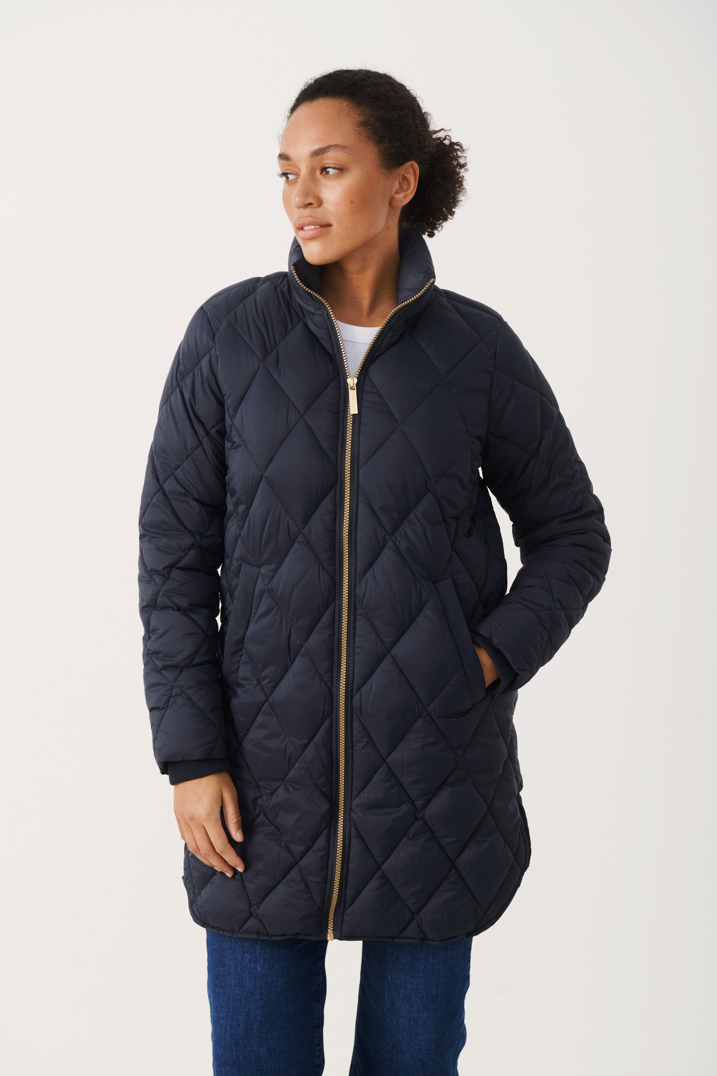 Long sleeve long navy coat with gold zipper 