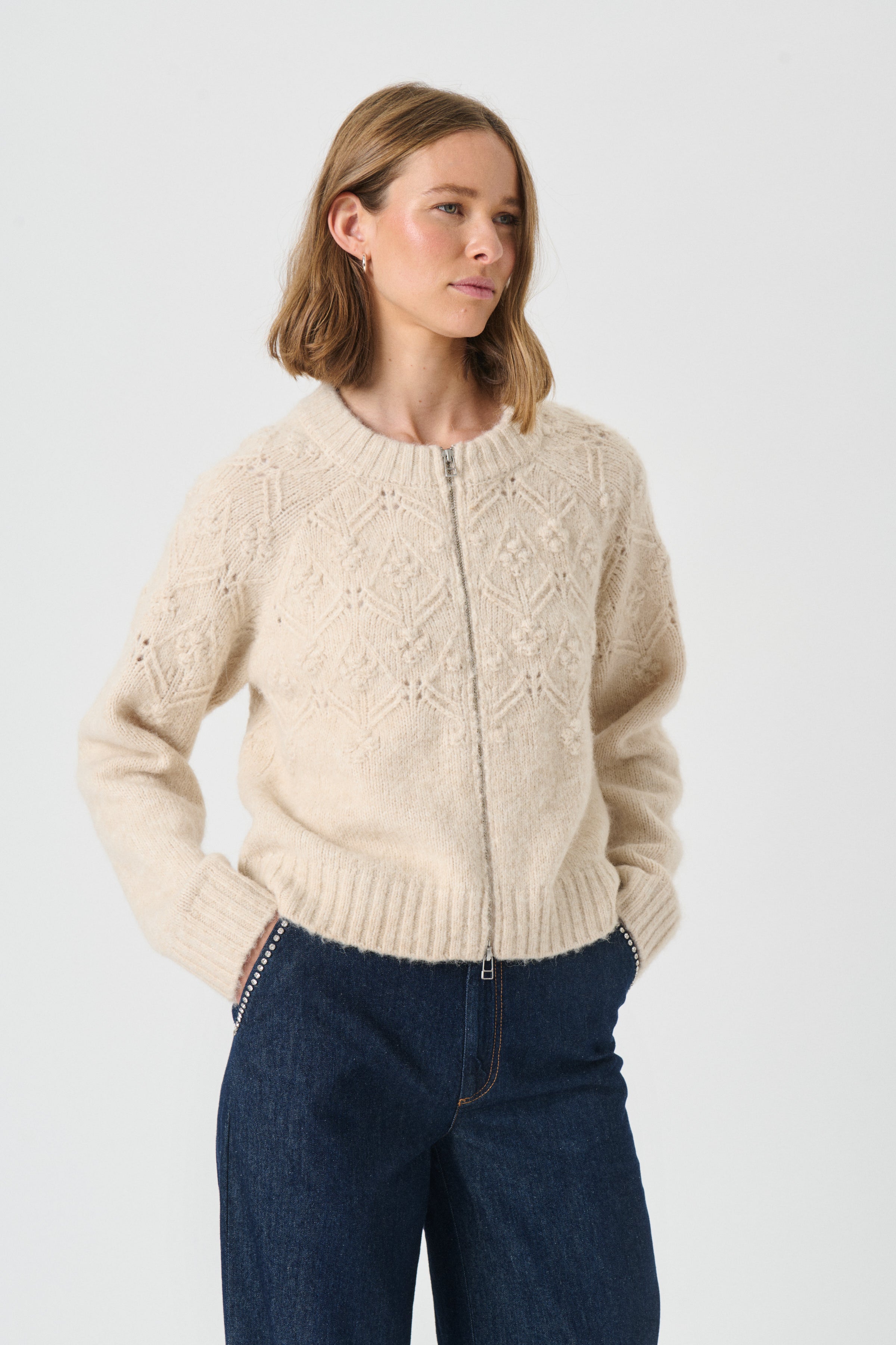 wool zip up cardigan cream