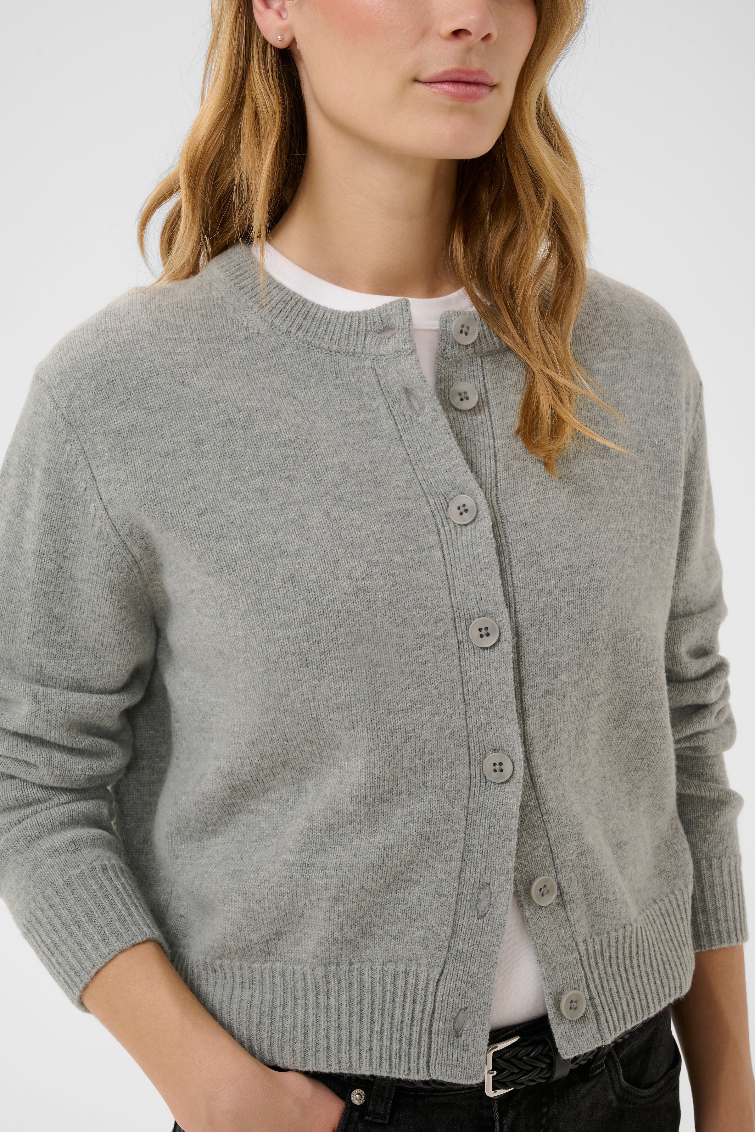 Part Two YaldaPW button-front crewneck cardigan sweater in soft medium grey melange wool blend knit.