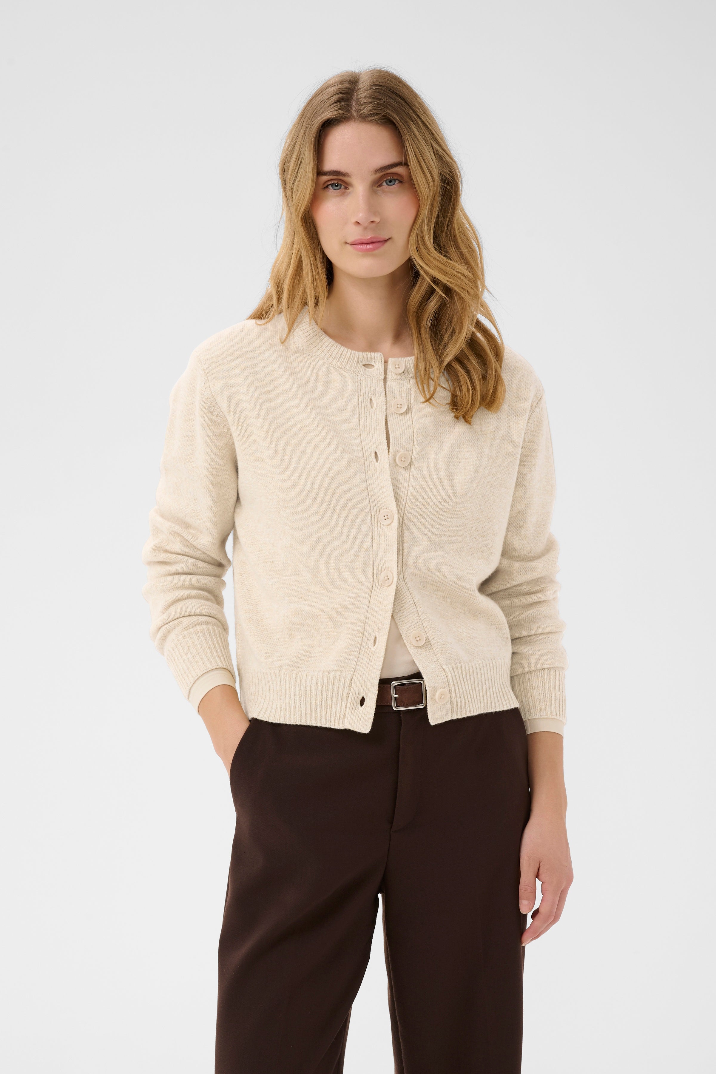 Part Two YaldaPW button-front crewneck cardigan sweater in soft off-white melange wool blend knit.