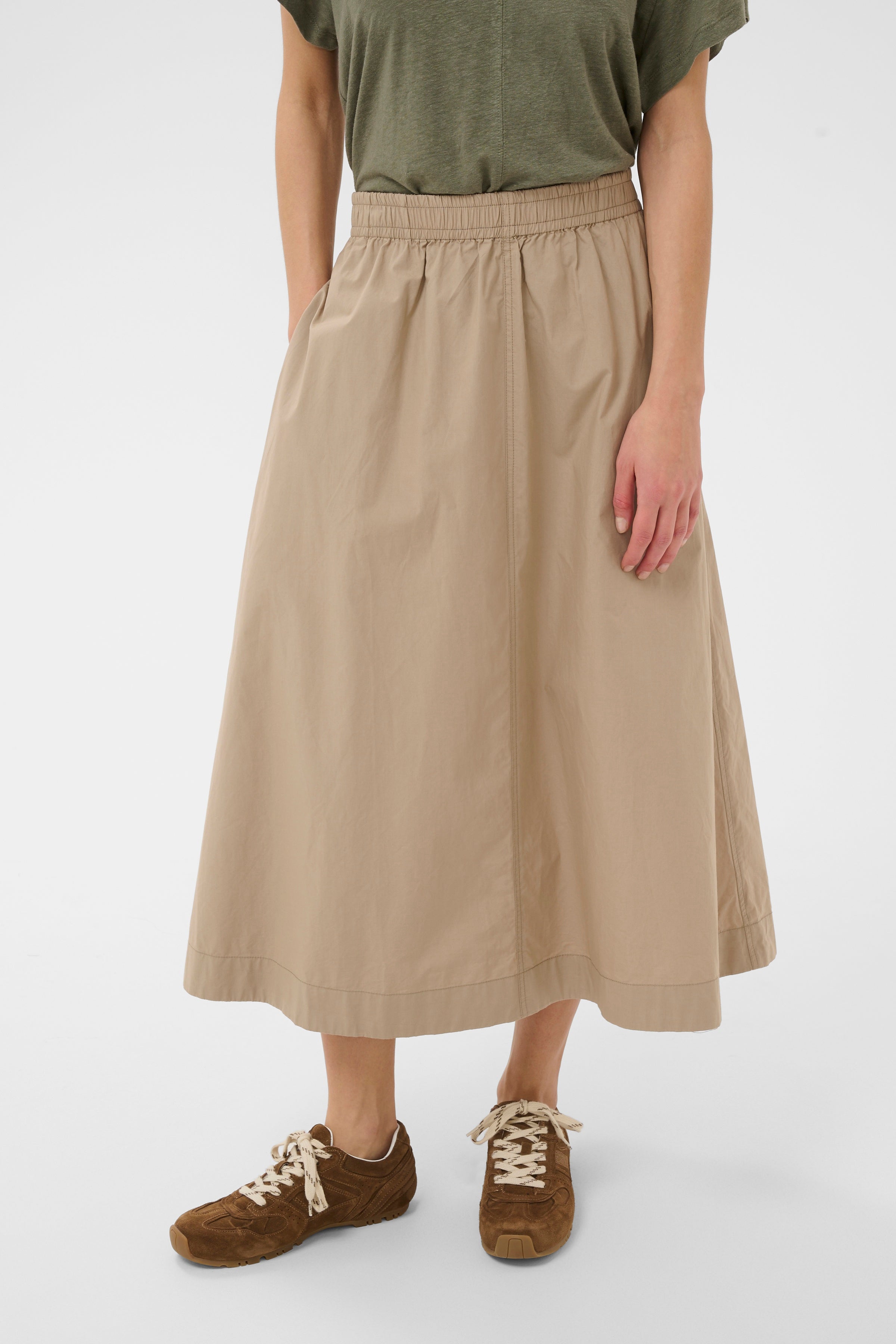 Part Two AsminaPW flowy organic cotton midi skirt in silver mink with elastic waistband.
