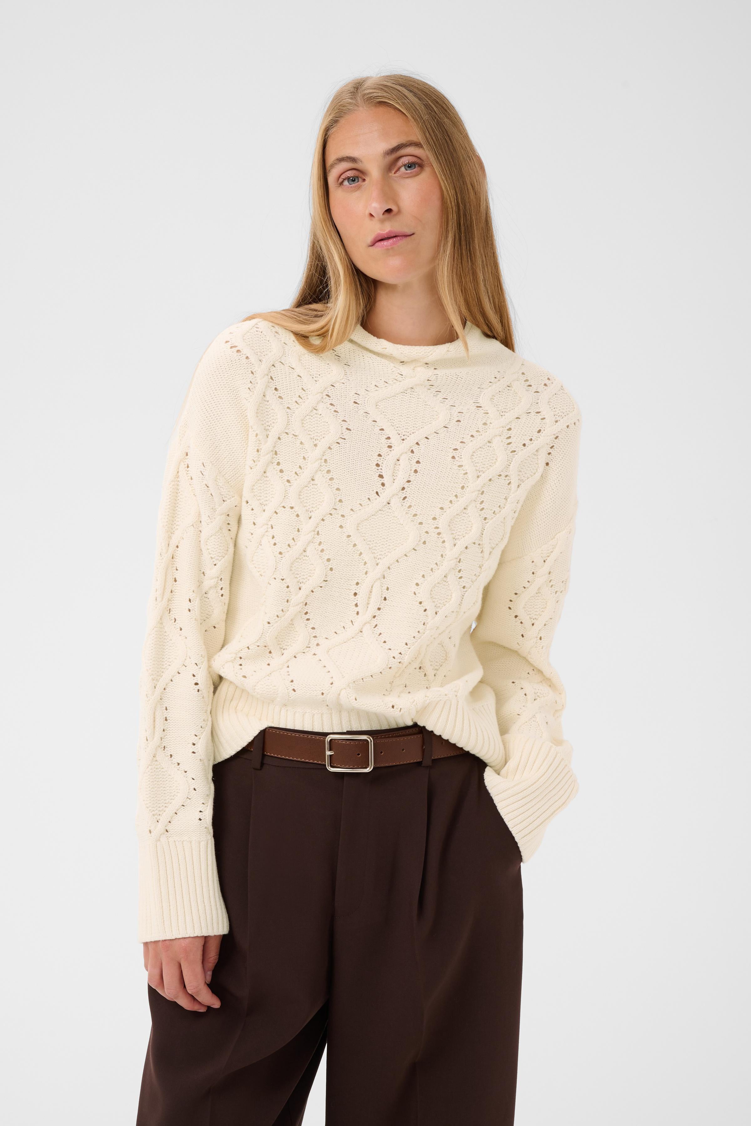 Part Two CharnelPW chunky cable-knit sweater in off-white with a cozy mock neck and wide ribbed trims.