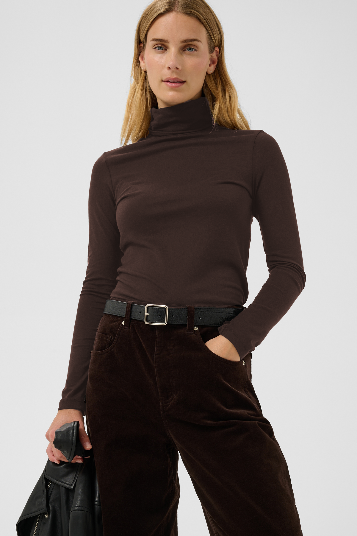 Part Two ChatallPW long-sleeve turtleneck t-shirt in mole melange soft stretch cotton jersey.