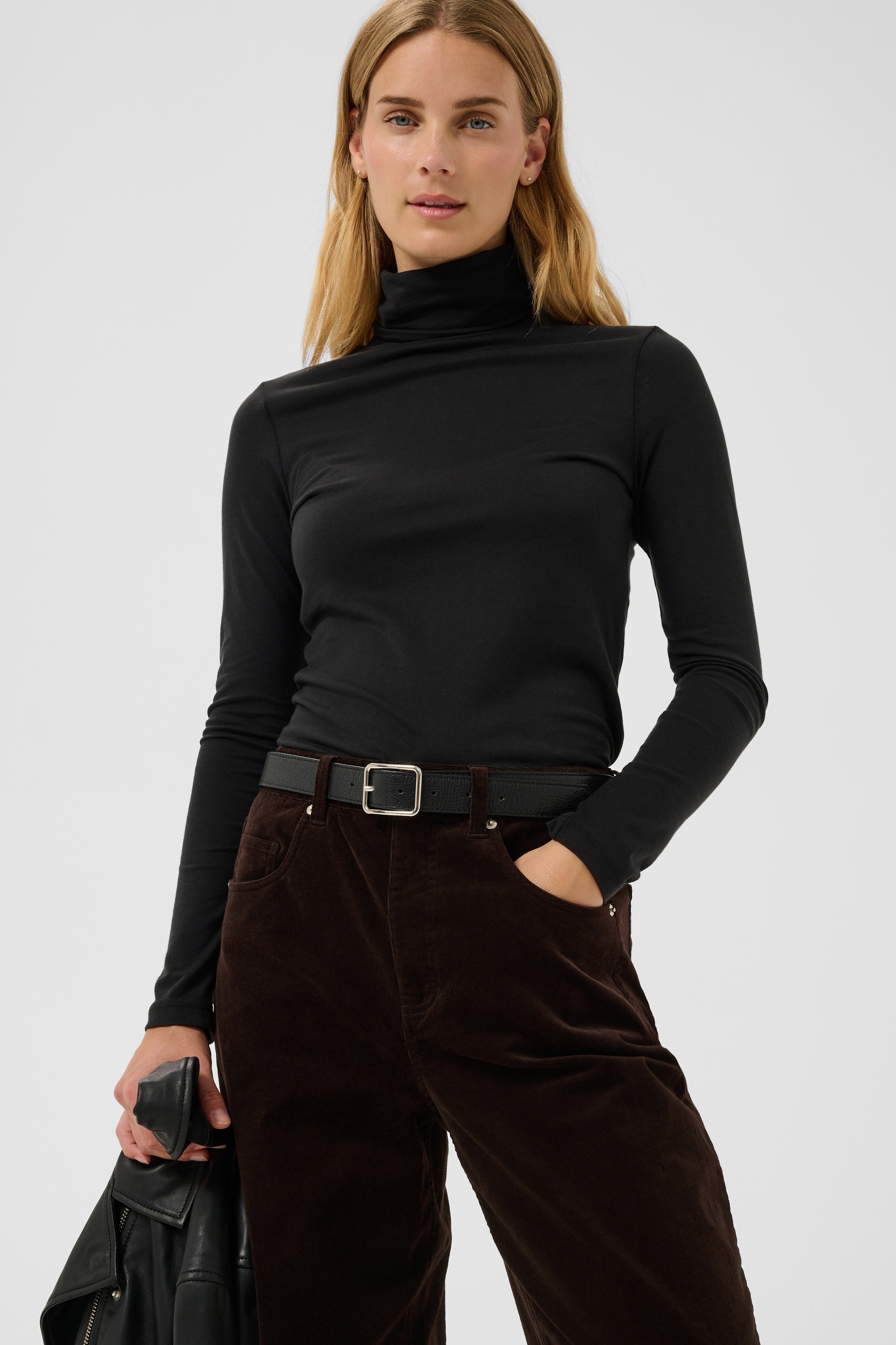 Part Two ChatallPW black long-sleeve turtleneck t-shirt in soft stretch cotton jersey.