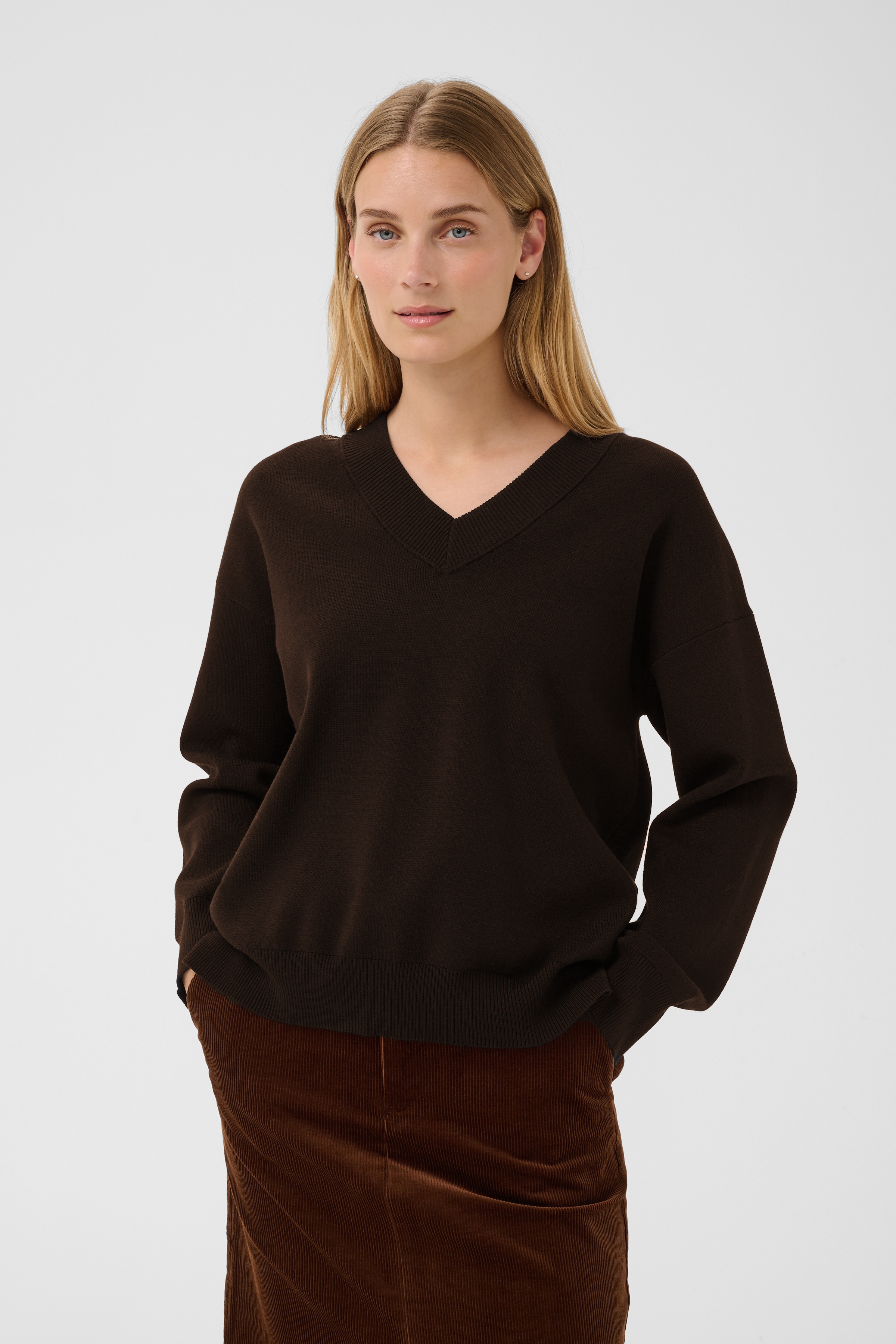 Part Two ChantallyPW soft fluffy knit crewneck pullover sweater in mole melange brown.