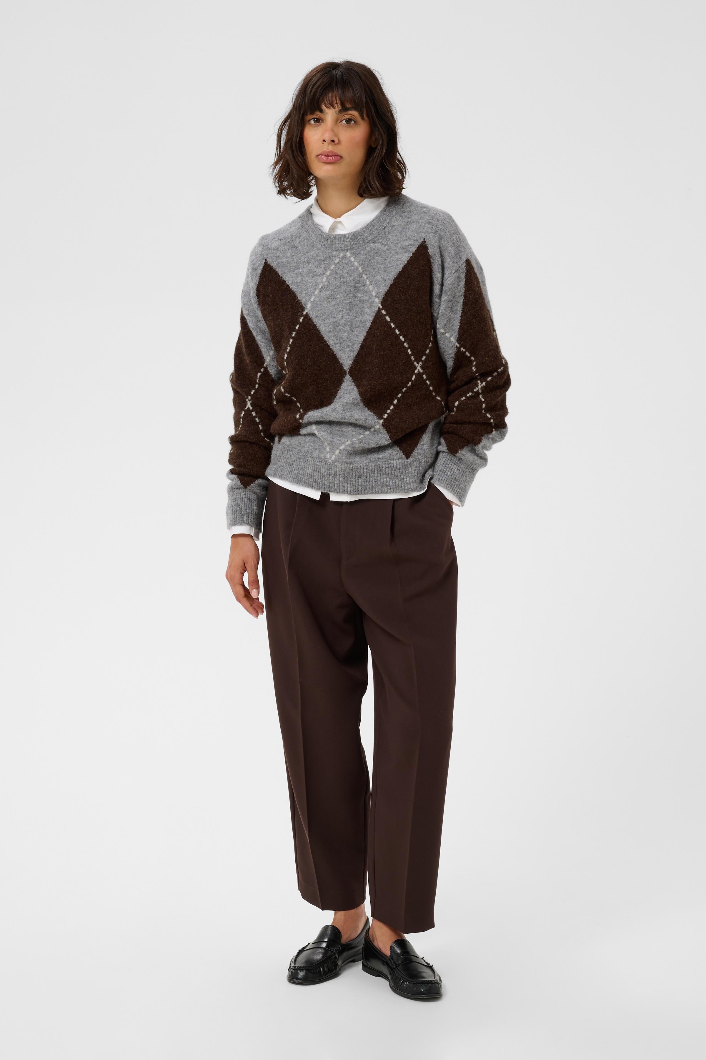 Part Two SorayasPW wool-alpaca blend argyle knit pullover sweater in brown and grey check with a crew neckline.