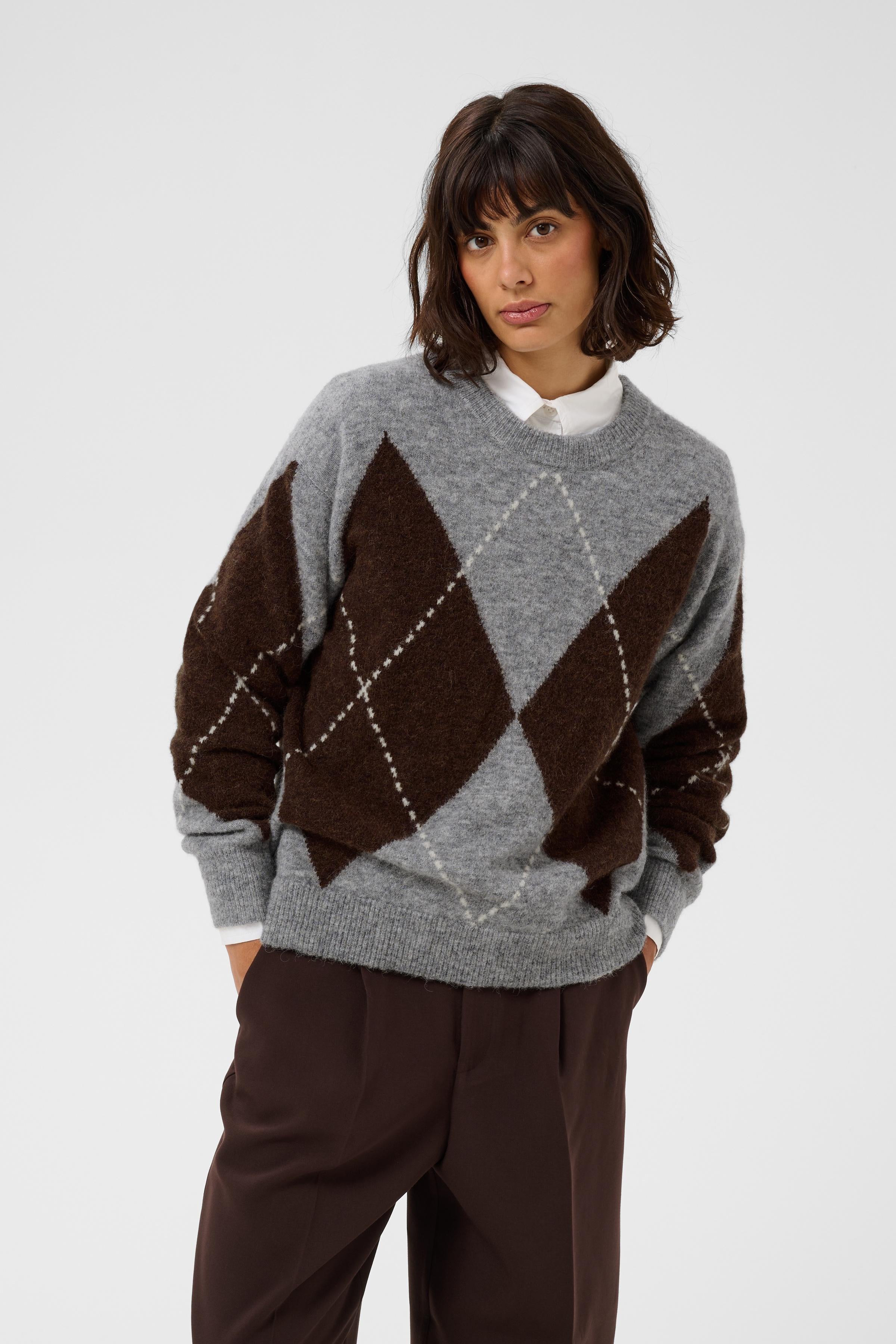 Part Two SorayasPW wool-alpaca blend argyle knit pullover sweater in brown and grey check with a crew neckline.