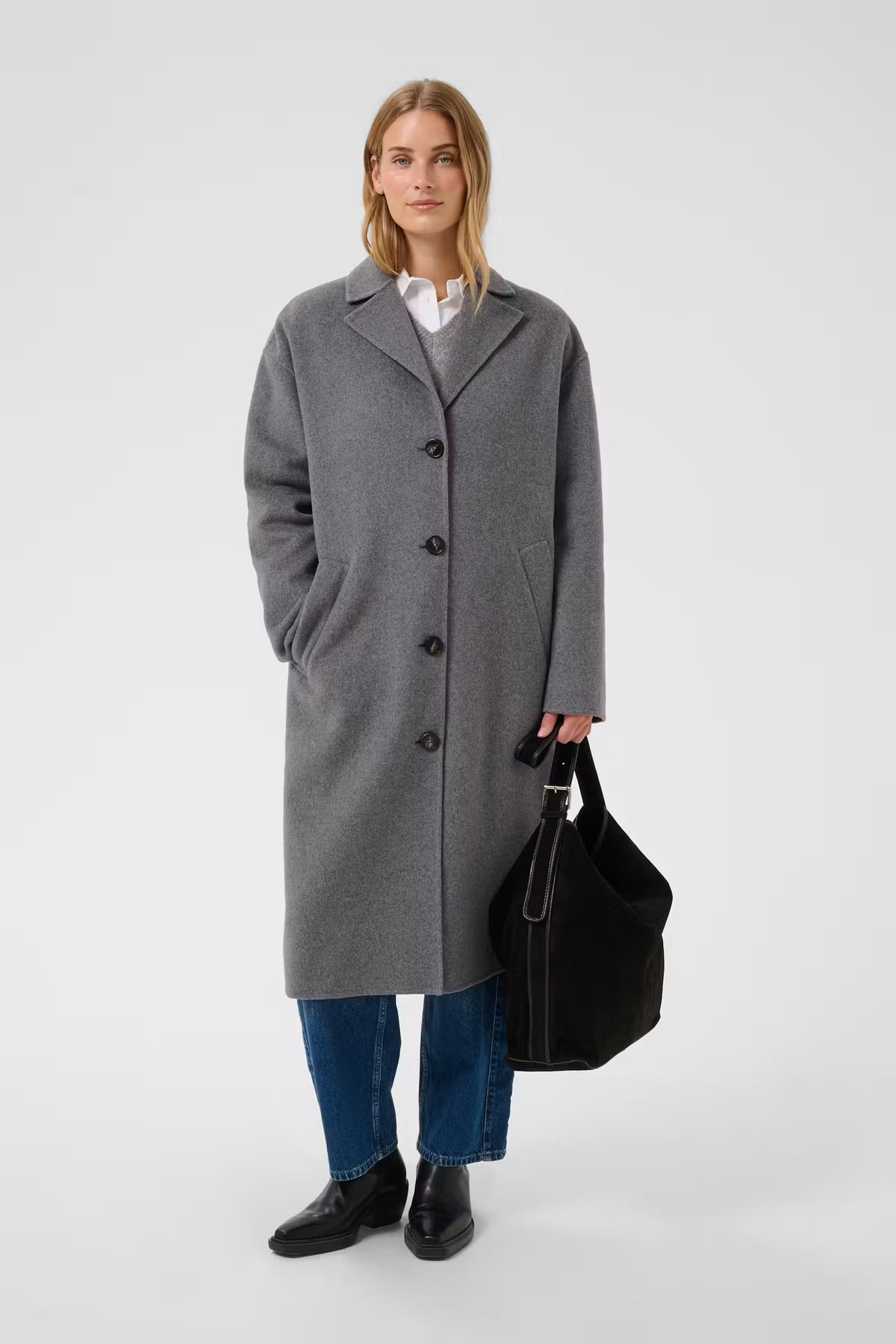 Part Two LorelaianaPW recycled wool blend long coat in medium grey melange with notched lapels.