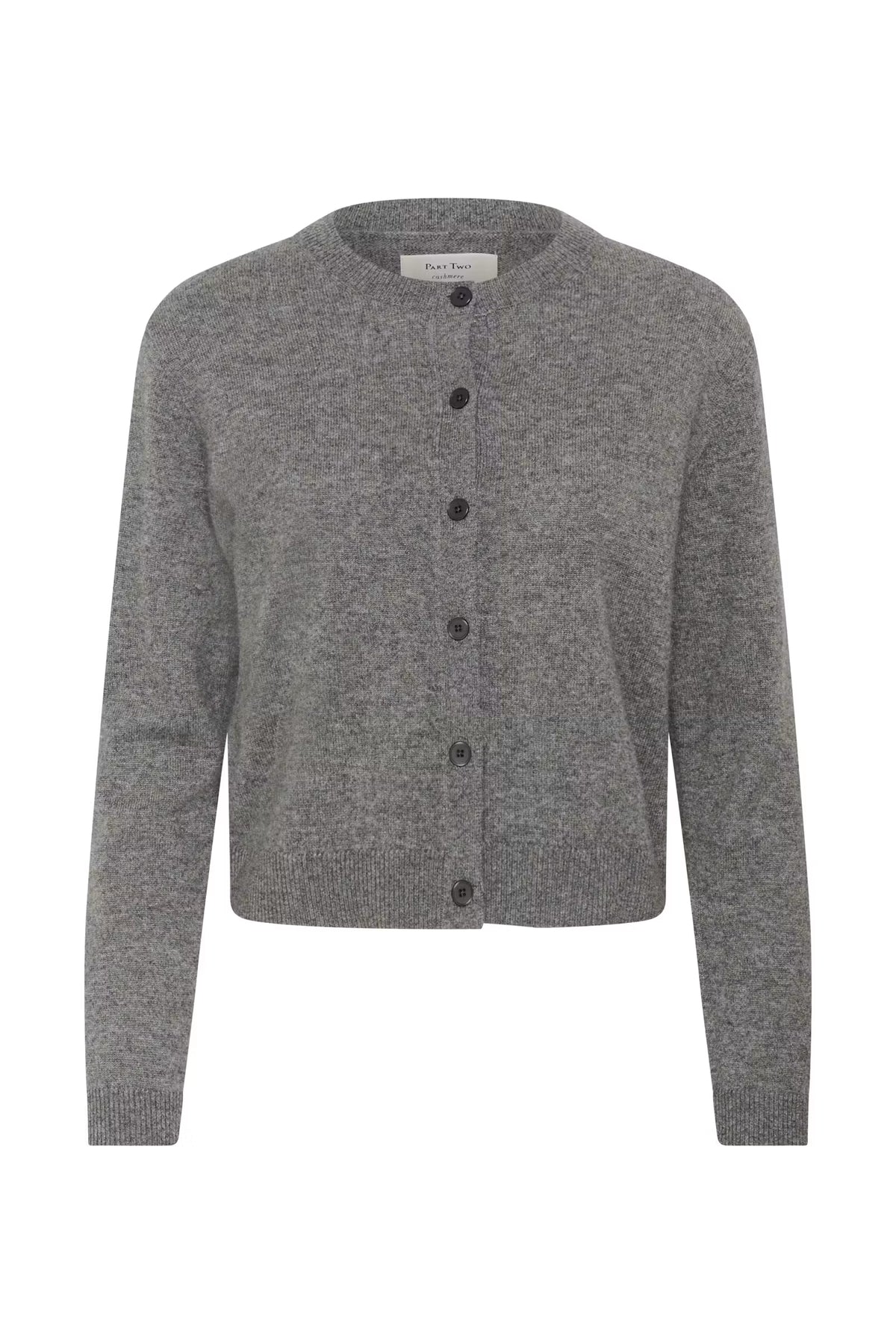 Part Two EverPW button-front crewneck cashmere cardigan sweater in medium grey melange knit.